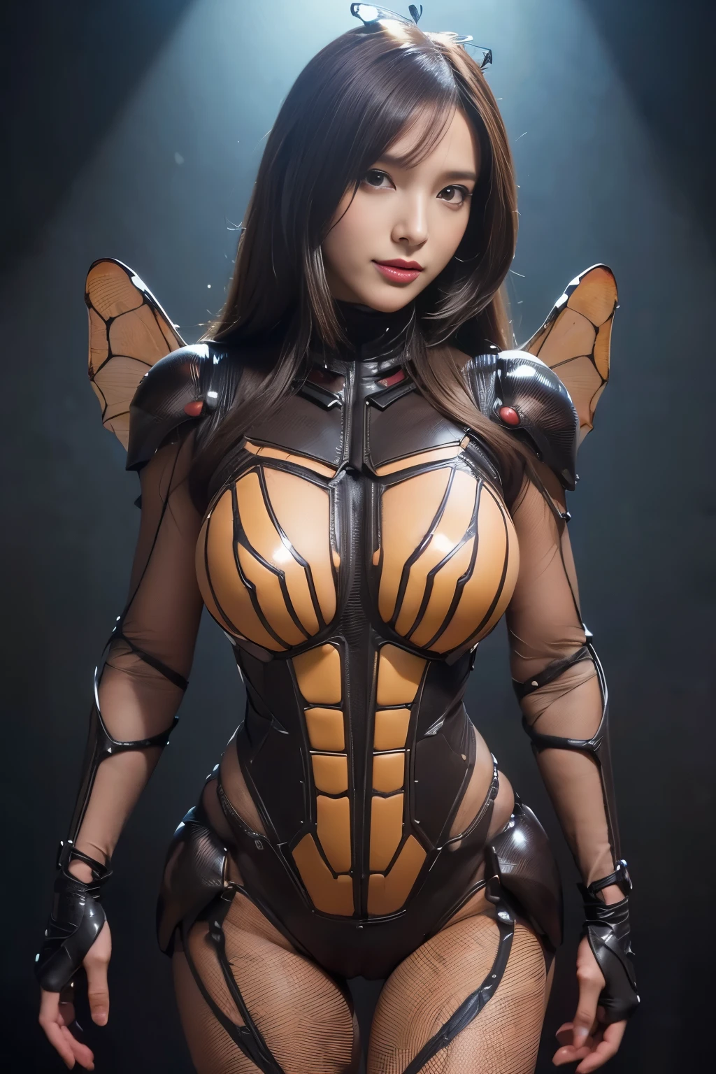 (high resolution,masterpiece,best quality,extremely detailed CG, anime, official art:1.4), realistic, photo, amazing fine details, all intricate, gloss and shiny,awesome many layers, 8k wall paper, 3d, sketch, kawaii, illustration,( solo:1.4), perfect female proportion,villainess, (fusion of dark brown cockroach and lady:1.4), (brown cockroach form lady:1.2), (brown cockroach lady:1.2), (fusion:1.2), (solo:1.4), (evil smile:1.2), muscular, abs, (cockroach brown exoskeleton bio insect suit:1.4), (cockroach brown exoskeleton bio insect armor:1.2), (brown transparency cockroach wing:1.4), (brown cockroach antennae:1.3),