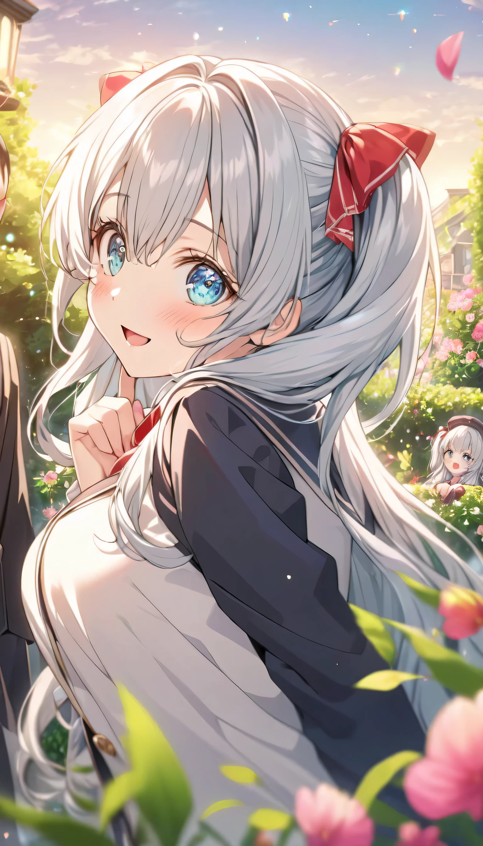 ((ultra-detailed)), (highly detailed CG illustration), (best quality:1.2), ultra-highly detailed, colorful composition, artistic photoshoot, 1girl, solo focus, ((upper body:1.4)), moe anime character, age girl, dainty facial structure, (baby face), (round face), ((rounded chin:1.2)), ((ideal ratio body proportions)), celia-default, celia claire, (blue eyes), sparkle eyes, silver hair color, two side up, ((hair ribbon with red), (deep royal blue and white strips hair ribbon), (open clotch), ample breasts, school uniform, black blazer, modern style with fitted jacket, red neck bow, long sleeves white shirt, black pleated skirt, and black high socks, ((look of anticipation)), ((shy:1.4)), ((blush:1.4)), ((bashful:1.4)), ((excited)), ((full-face blush:1.4)), ((open mouth:1.4)), ample breasts, ((eating white chocolate:1.4)), ((holding white chocolate in one hand:1.4)), ((melted into a mess white chocolate drips down the cleavage of breast:1.4)), petals glowing and fluttering, standing by the victorian garden with flowers, beautiful detailed sky, dynamic pose, looking at viewer, best quality, masterpiece, looking up, expecting, pink cheek, blush, light pink gloss slip, portrait, depth of field, soft lighting, sidelighting, (shine), lighting, caustics, ray tracing, smile, perfect face, lustrous skin, highly detailed face, highly detailed eyes, perfect face, perfect nose, perfect hair, perfect eyes, perfect anatomy, beautiful hair, beautiful small face, extremely detailed face, beautiful detailed eyes, beautiful clavicle, beautiful body, beautiful huge breasts, leavage, breasts squeezed together, equalize the size of the left and right breasts, beautiful fingers, 4 fingers, 1 thumb, lovely, (very detailed background:1.0), (highly detailed background:1.0), spring aesthetic, intricate details, love atmosphere, spring colors palette, chromatic aberration
