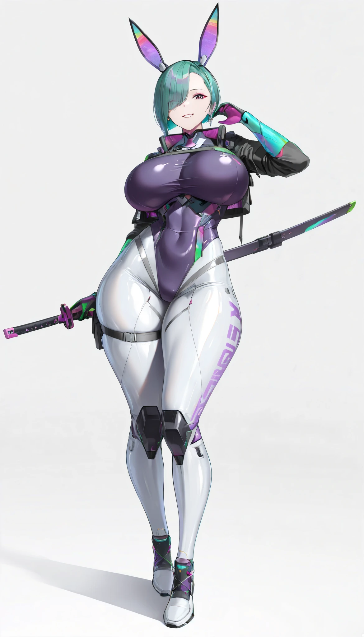 (big breasts, visible curves, Dynamic pose sexy, Full body, Smiling ), best quality, amazing quality, very aesthetic, Thick body, milf, mature, thick thighs , cyberpunk, street style, techwear, E-girl, bunny, synthetic body, stylized, katana, purple and green color palette, neon, stylized outfit, white background
