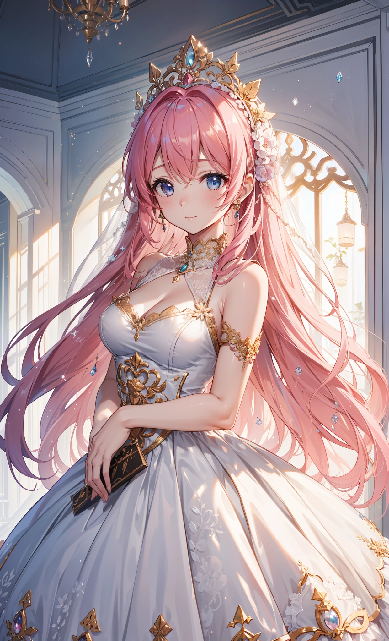(  Best Quality ,   high resolution  ,  textured skin ,  high quality, high detail,  extremely detailed CG uniformity), shakes ，obsessed，Divine happiness，in love， Have Fun ，( a heavenly long dress and dress combination)， Pink Hair ， blue eyes，(Fabric headdress)， Minimalist，Multi-layered ruffles，Lace，Exquisite embroidery，Beautiful patterns，Fabric headdress，Dress nicely， transparent tulle dress ，bedroom，闪闪发Light，( &#39;Covered by a transparent skirt :1.1)，Light，night， the only person，Fluttering skirt， beautiful anorexic beauty model ， dynamic angle