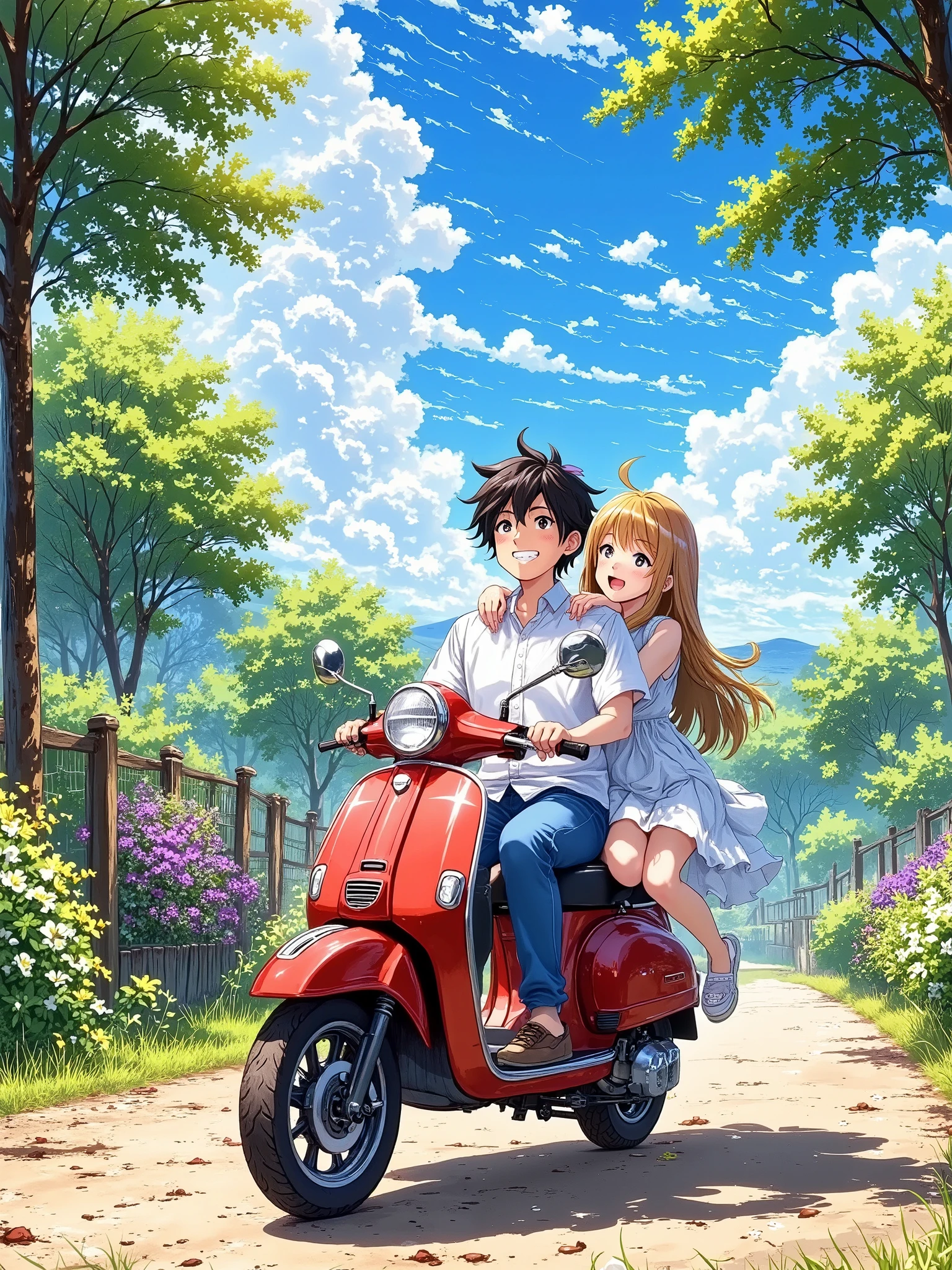A vibrant and colorful illustration depicts a young couple riding a red scooter along a sunlit path. The male figure, presumed to be of Asian ethnicity and around 20 years old, has a carefree smile, short tousled hair, and is casually dressed in a light-colored shirt and jeans. He is seated at the front of the scooter, holding the handlebars confidently. Behind him, a young woman, also of Asian ethnicity and same age, has long, flowing hair that dances in the breeze. She wears a relaxed outfit, her hands resting playfully on the male's shoulders, with a joyful expression on her face.

The background features lush green trees flanking a dirt road, dotted with flowers and a wooden fence, while a clear blue sky overhead is filled with fluffy white clouds and sunbeams piercing through. The composition places the couple in the lower center of the frame, facing slightly toward the viewer, capturing a sense of adventure and freedom. The overall atmosphere is light-hearted and cheerful, with bright colors and dynamic lighting enhancing the lively, sunny day mood.