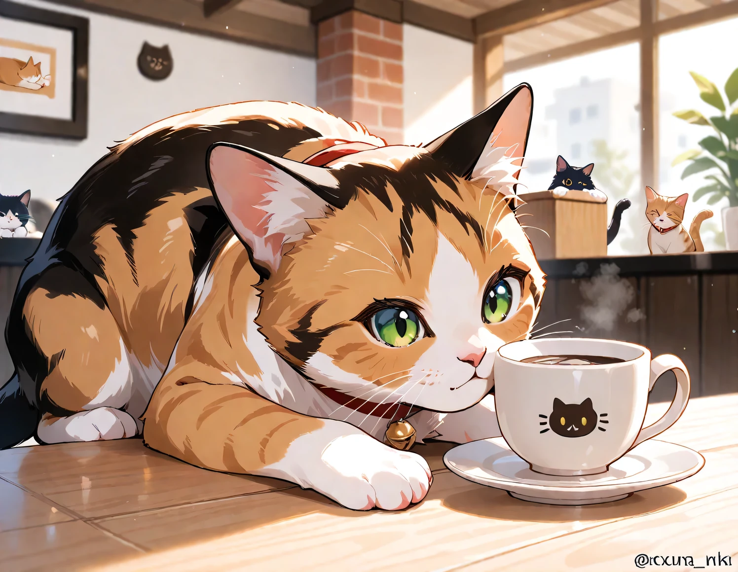 (masterpiece), (best quality), (ultra-detailed), cat cafe, cat focus,drinking cat, no human
