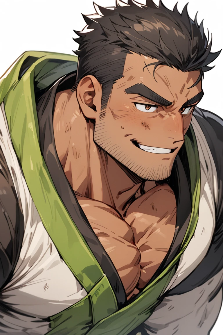 1male , Messy Grey Hair , Undercut Hair , Green and Black haori  , Combat Clothing , Green Eyes ,Happy Expression , Beard , Perfect Generation  , Adult Male , Muscular , Temple Background , Standing on Path