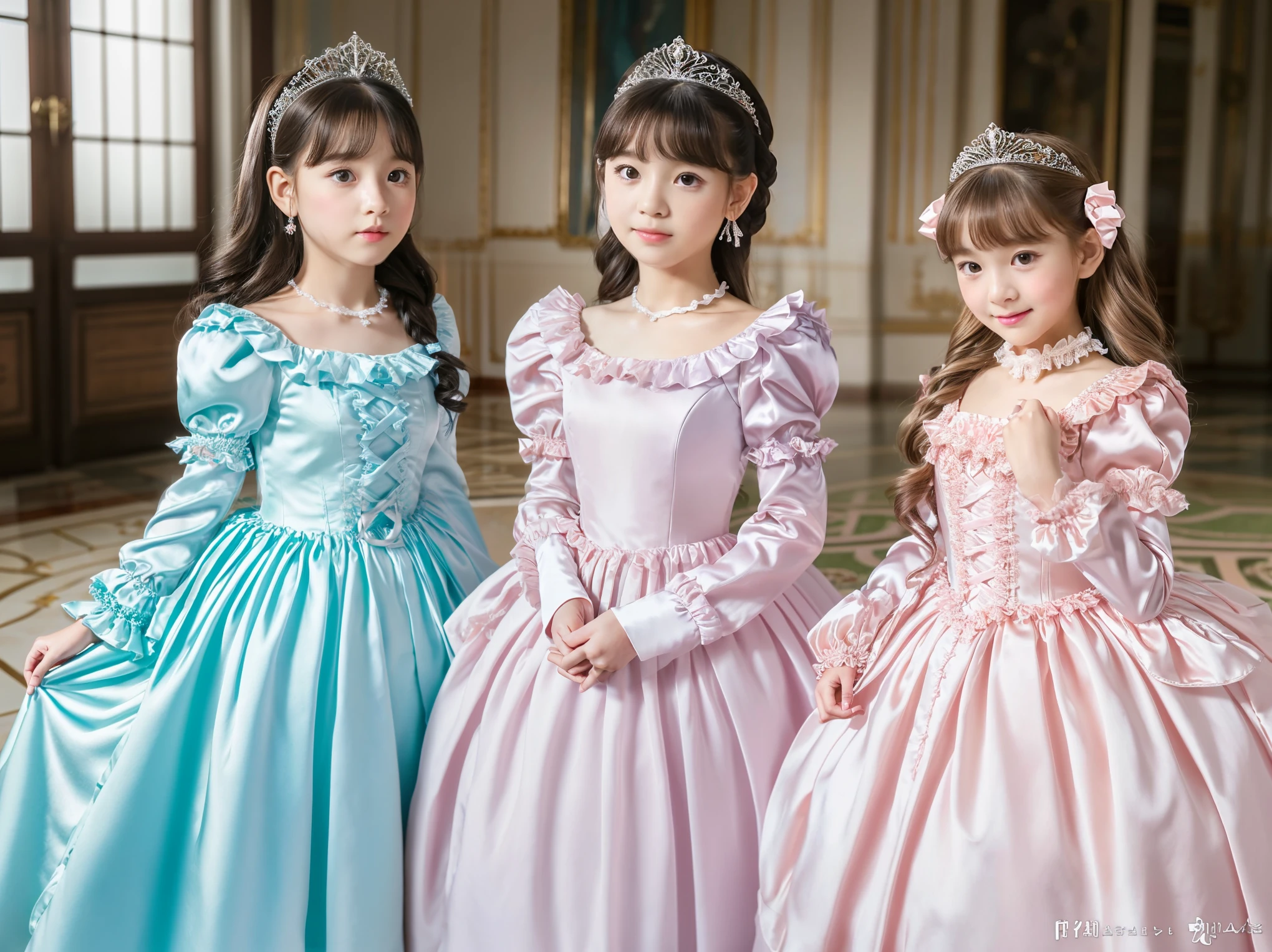 Three girls in dresses are posing for a picture in a room - SeaArt AI