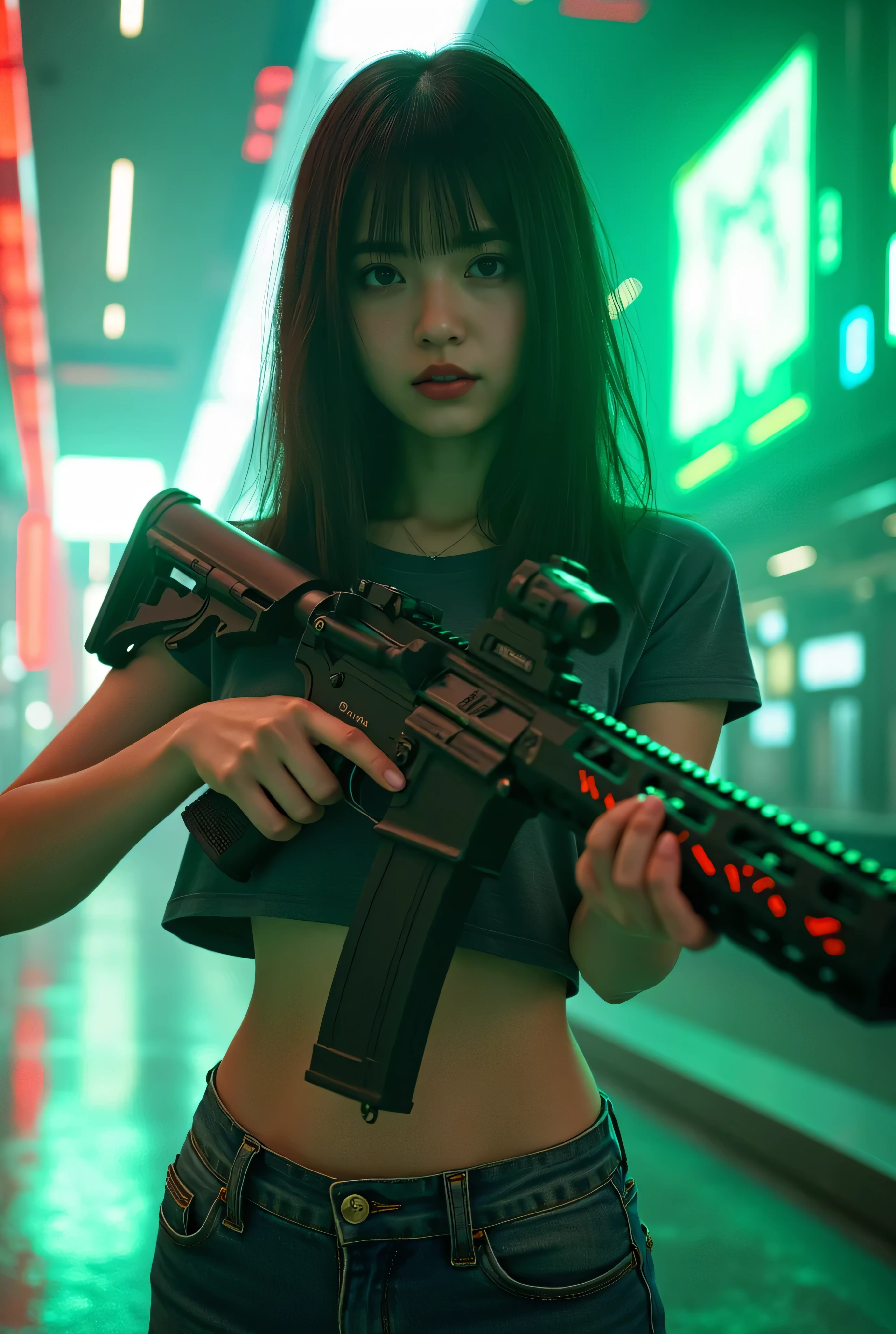 Cute woman wearing thin t-shirt and jeans holding a modern rifle in a futuristic city, pointed bust , Neoism, Nightcore, Red laser, girl , , BRIGHT GREEN LASER , Realistic bibs, of a sniper girl in war, aesthetic award winning girl , m4 sopmod ii girl s frontline, Cybercore, made of crystallized synapses,Cute cgsociety, Railgun, 16-year-o SaAsuka movie lights,