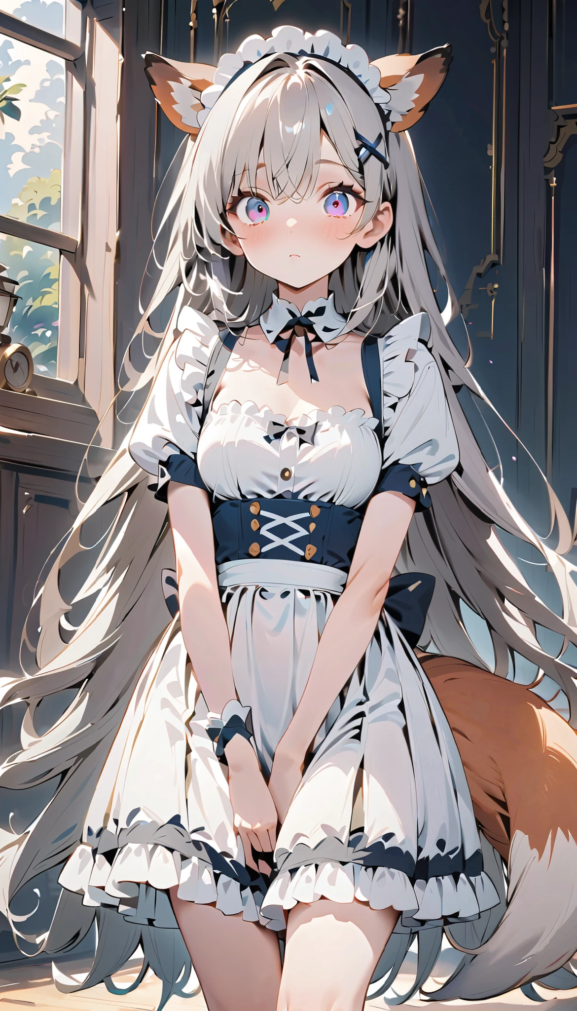 Anime girl with long hair and a cat ears in a dress - SeaArt AI