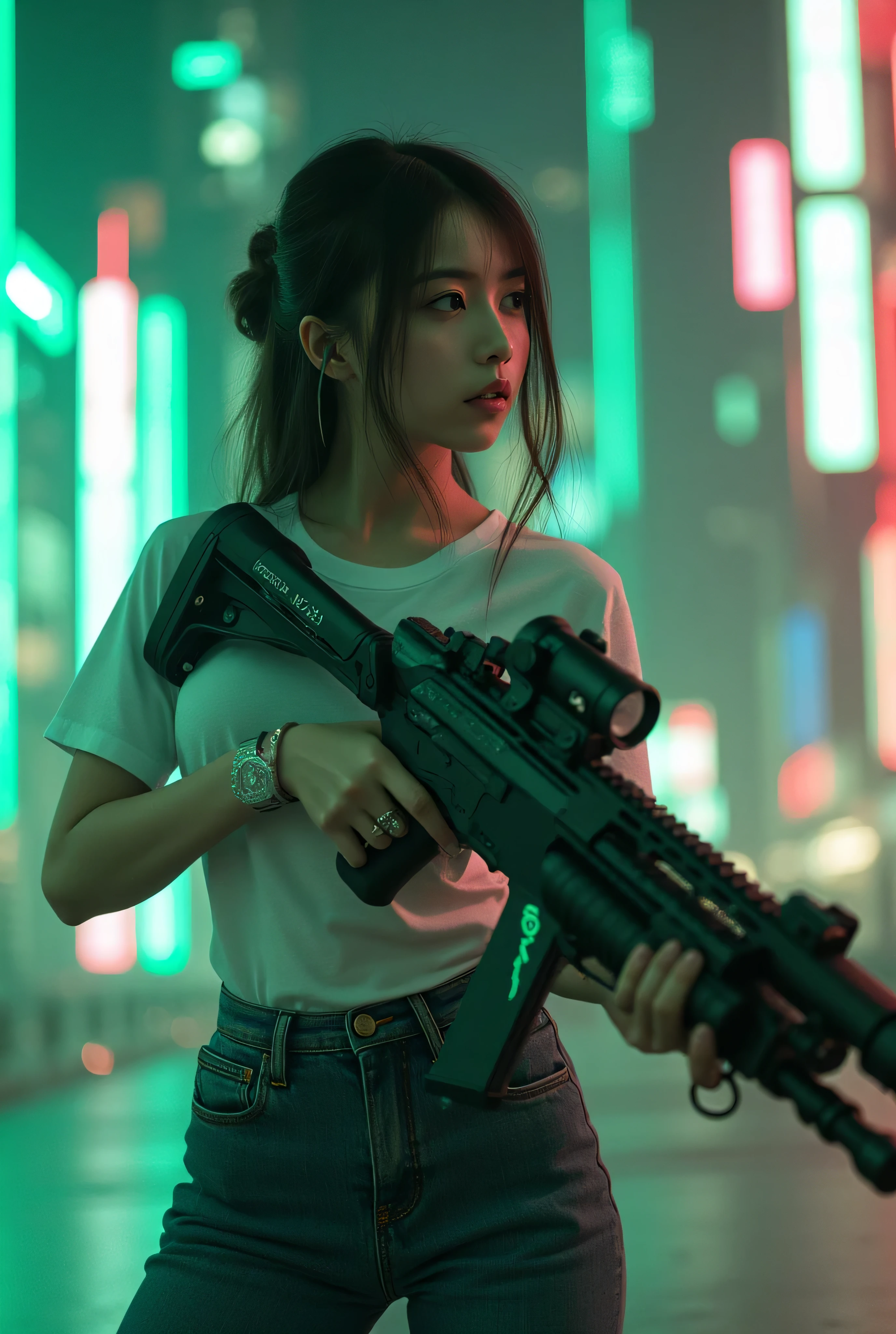 Cute woman wearing thin t-shirt and jeans holding a modern rifle in a futuristic city, pointed bust , Neoism, Nightcore, Red laser,  girl , ,  BRIGHT GREEN LASER , Realistic bibs, of a sniper  girl  in war, aesthetic award winning  girl , m4 sopmod ii  girl s frontline,  Cybercore,  made of crystallized synapses,Cute cgsociety, Railgun, 16-year-o SaAsuka movie lights,