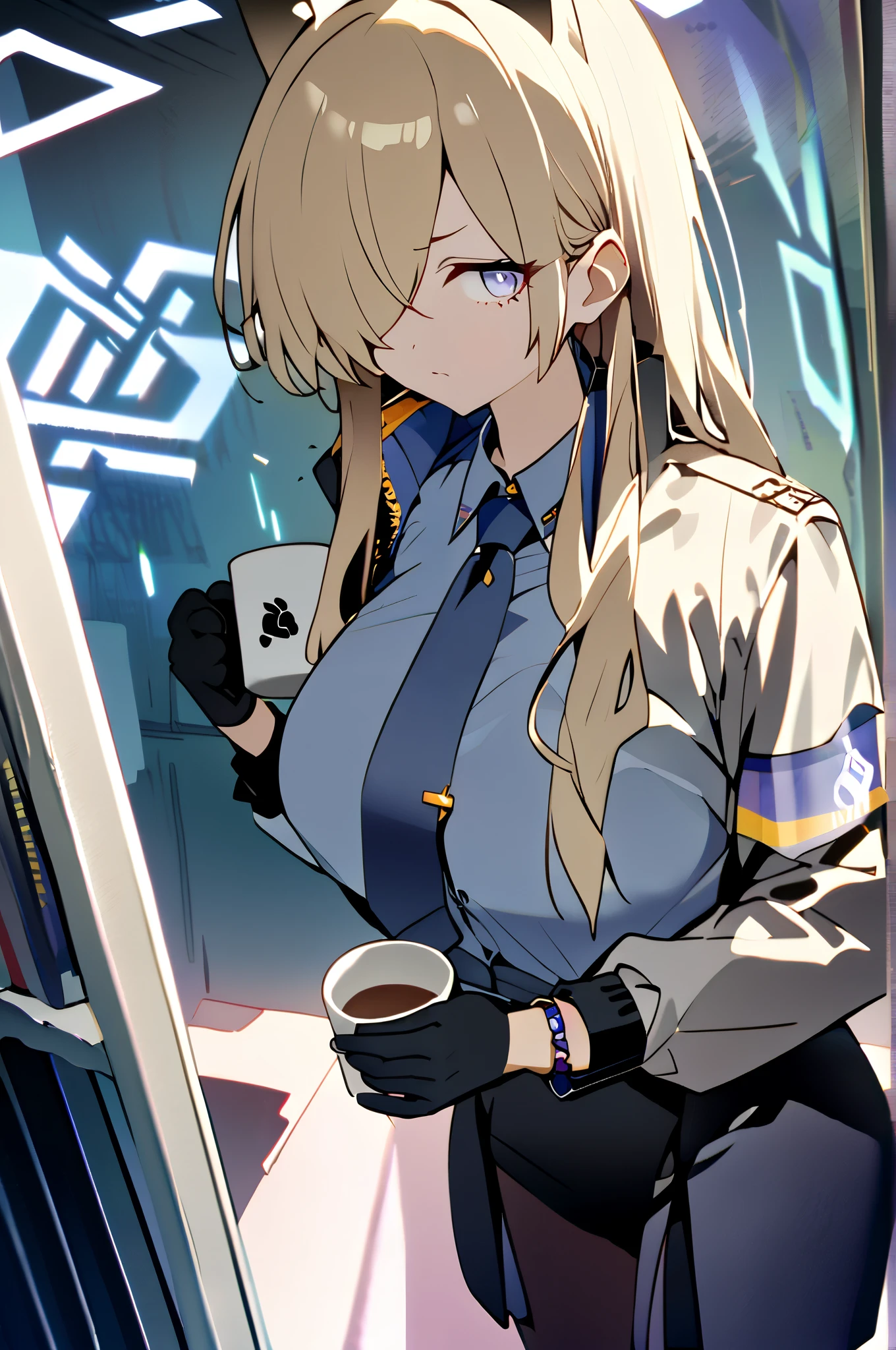 score_9, score_8_ up , score_7_ up , source_anime, alone, 1 girl, I have a Kannadef , Sharp Tooth , is watching you under a big full moon, is standing, Holding Coffee Mugs, hair covering one eye, animal ears, extra layer , Blue Halo , black jacket, open jacket, Long Sleeve, bracelet, blue shirt, collared shirt , Blue tie, tie clip, black gloves, blue skirt from crotch, pencil skirt, black panty hose, big breasts, 屋内で, office