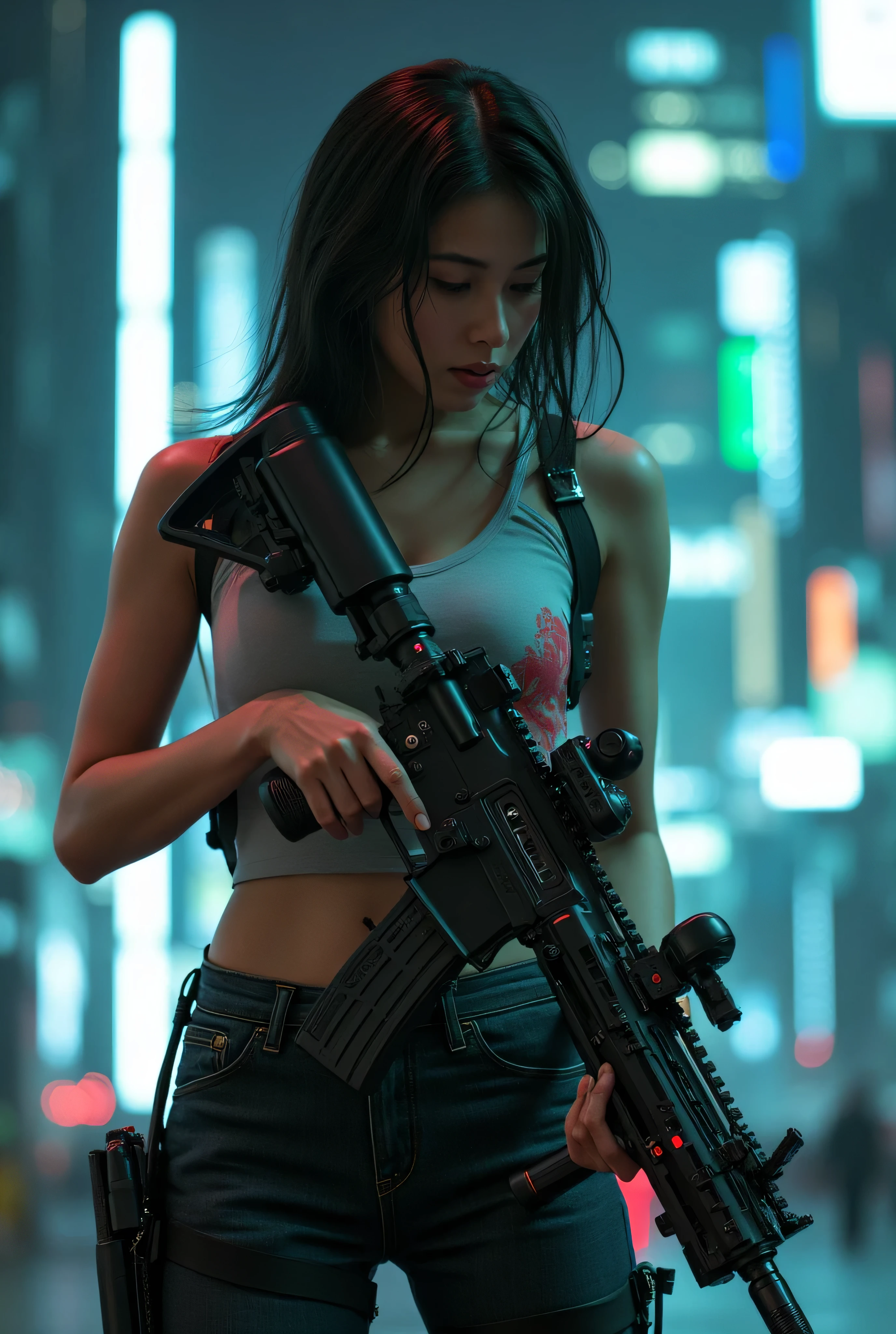Cute woman wearing thin t-shirt and jeans holding a modern rifle in a futuristic city, pointed bust , Neoism, Nightcore, Red laser,  girl , ,  BRIGHT GREEN LASER , Realistic bibs, of a sniper  girl  in war, aesthetic award winning  girl , m4 sopmod ii  girl s frontline,  Cybercore,  made of crystallized synapses,Cute cgsociety, Railgun, 16-year-o SaAsukaThe bright light that shines on her,