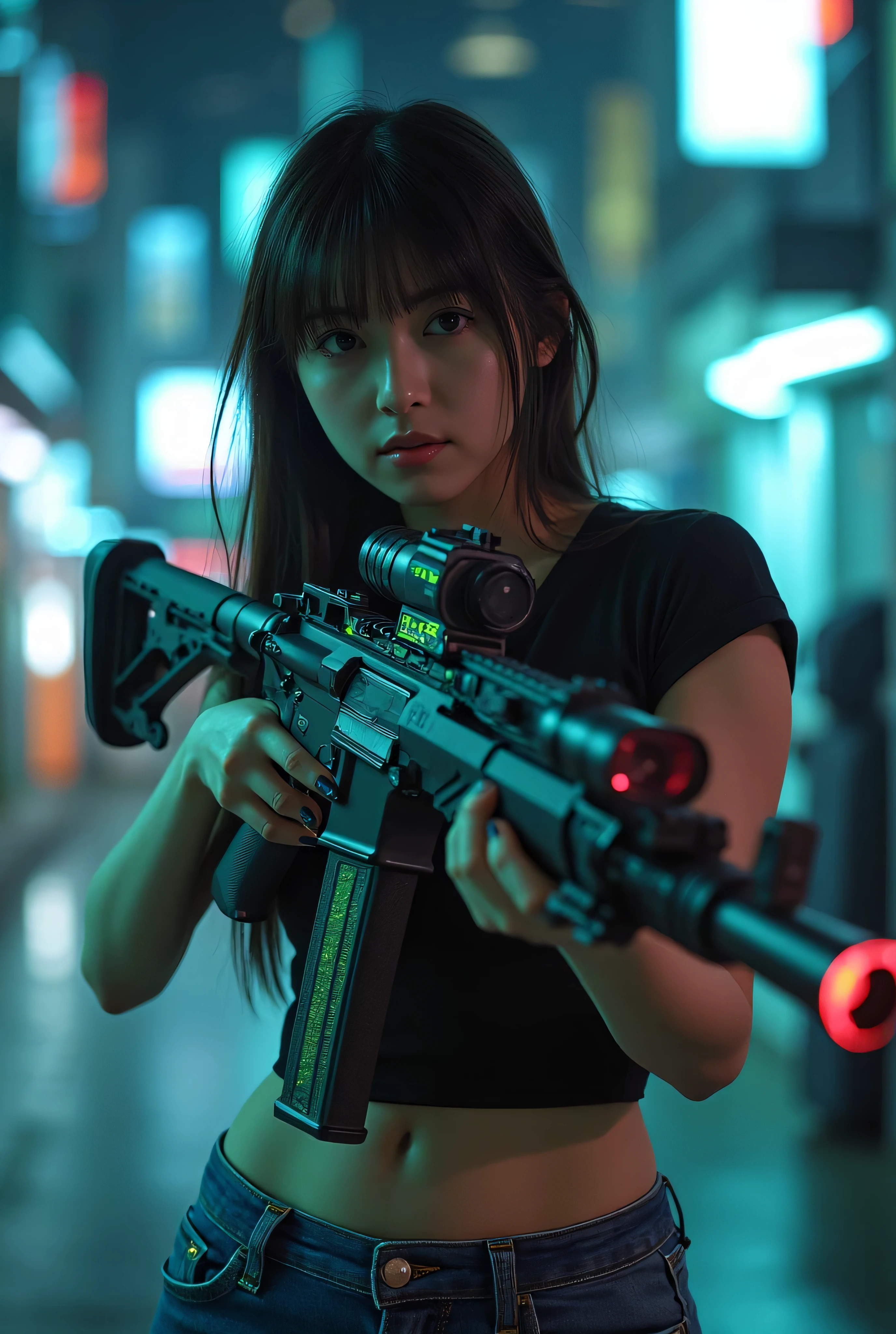Cute woman wearing thin t-shirt and jeans holding a modern rifle in a futuristic city, pointed bust , Neoism, Nightcore, Red laser, girl , , BRIGHT GREEN LASER , Realistic bibs, of a sniper girl in war, aesthetic award winning girl , m4 sopmod ii girl s frontline, Cybercore, made of crystallized synapses,Cute cgsociety, Railgun, 16-year-o SaAsukaThe bright light that shines on her,