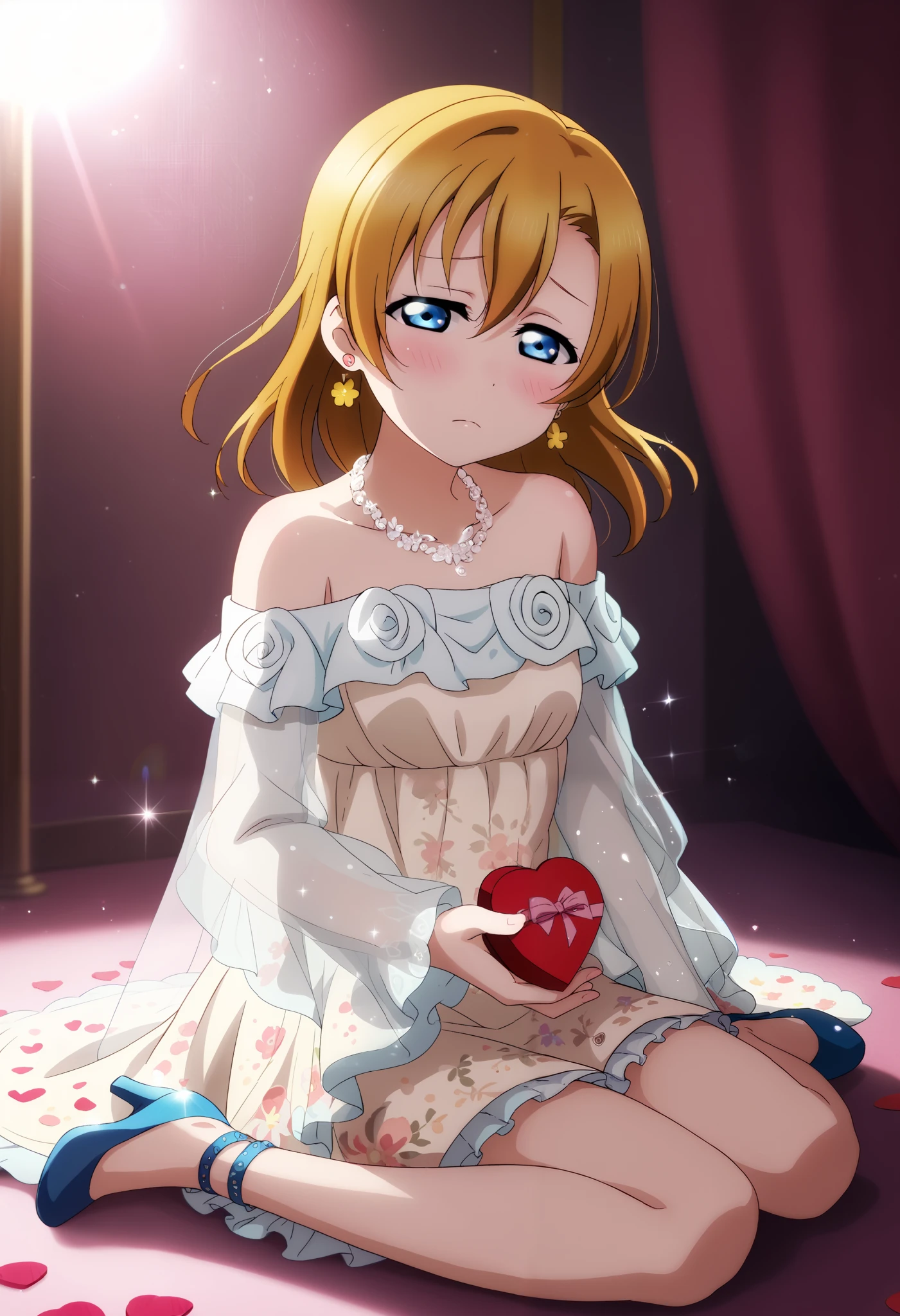 (Masterpiece, Best Quality, High Quality), anime style, love live,kousaka honoka , kousaka honoka,id_honoka_kosaka,love live, blue eyes, brown hair, 8k wallpaper, looking at viewer, earrings, (blush:1.2) , (Elegant, off-shoulder evening dress), deep blue gradient color, sparkling fabric, (delicate lace trimmings), semi-transparent sleeves, silver floral necklace, fitted bodice, flowing asymmetrical skirt, layered sheer overlay with glittery details, matching blue high heels, (graceful and refined design) ,in heat, yellow hair ribbon, Valentine room,soft red lighting,half closed eyes,wariza, sitting