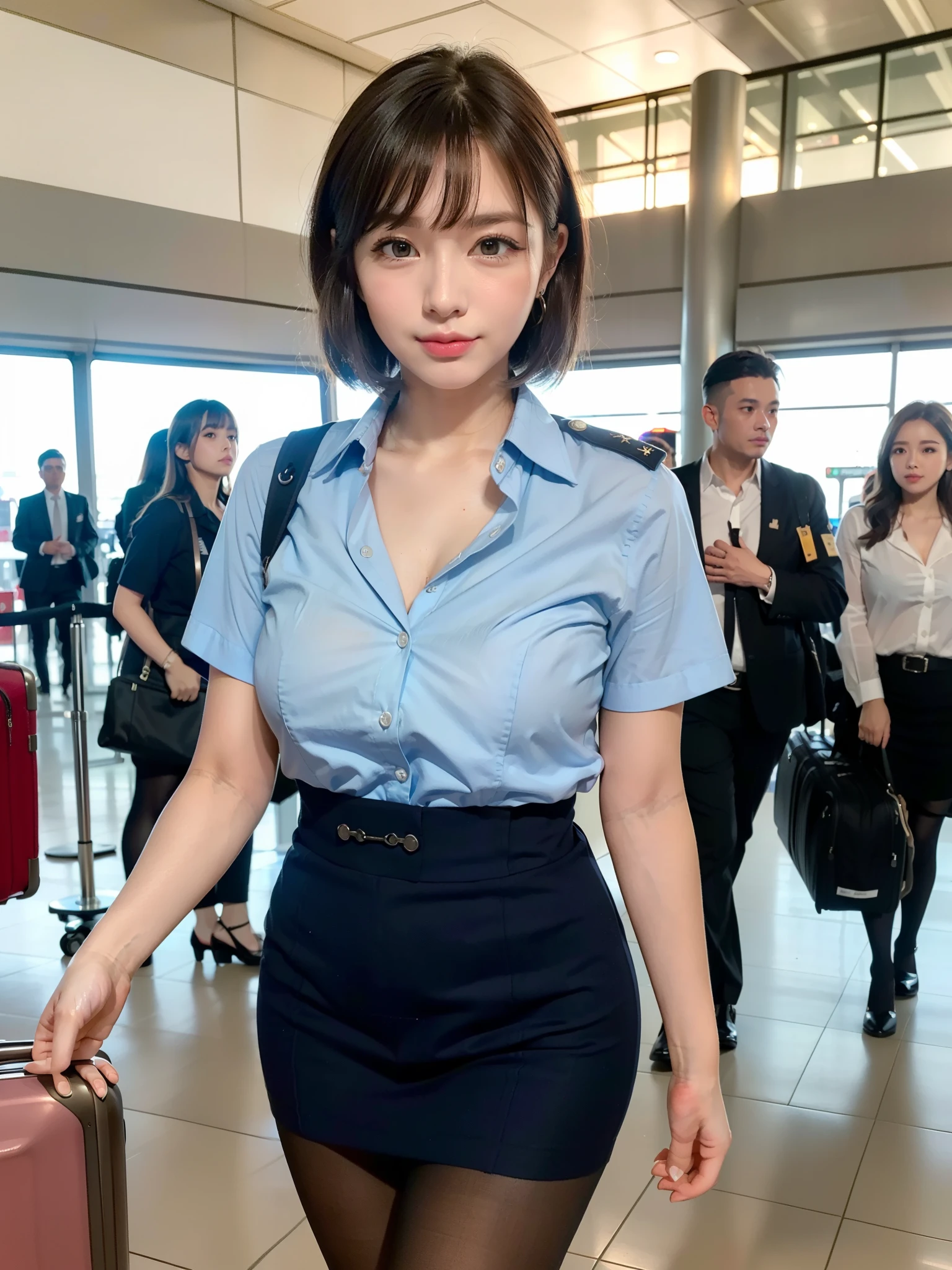 ((of the highest quality, 8K, masutepiece: 1.3, Raw photo)), Sharp Focus: 1.2, (1 AESPA Girl :1.1), Solo, (Realistic, Photorealistic: 1.37), (Face Focus: 1.1), Cute face, hyperdetailed face, (short messy hair: 1.2), Small Smile, Small breasts, flat chest, nude, (flight attendant uniform: 1.1), sleeping pose, Thigh, chiffon panties, airport, terminal