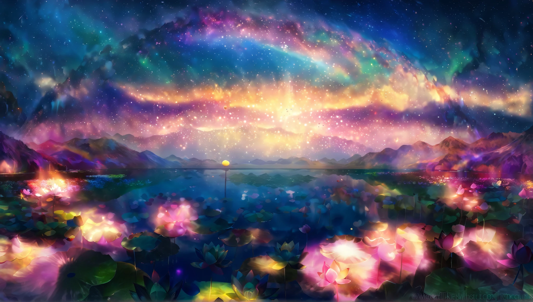 Water lilies and sunset lake painting , beautiful 4K art, Dreamy digital painting , magical landscape , Spectacular backdrop, colorfull digital fantasy art, Dreamy Scene Paintings , Surreal Waigi Flowers, 4K high definition digital art, Magical World . colorful, 詳細なDreamscape, Hasuike , Dreamscape, colorful digital painting, dreamy art