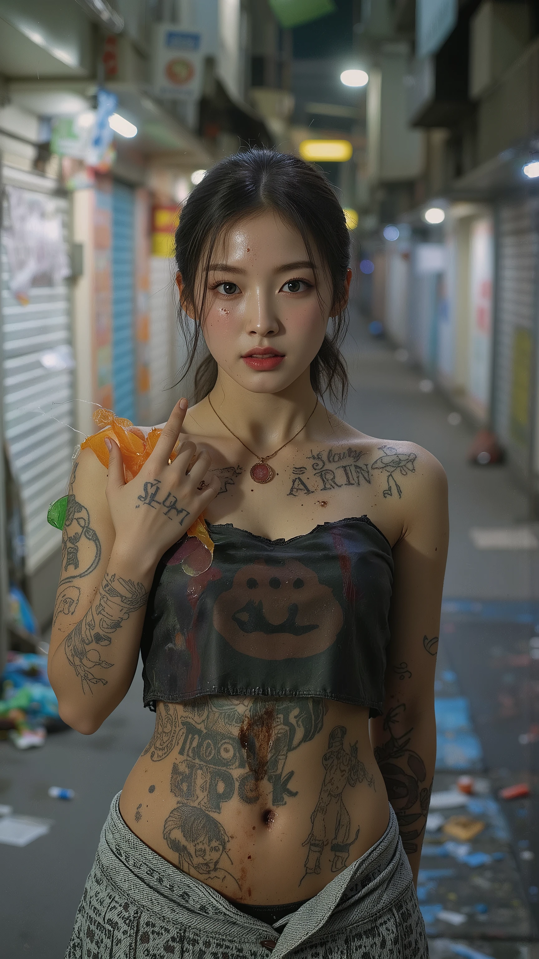 NSFW,
Film camera depiction,
Taken with a high-dispersion high-end lens,
Wide-angle lens,
Full-body shot,
at night,
A beautiful Korean girl is attracting customers at in the slums,
Her face has large burn scars,
((The burn scars have become ugly keloid scars)),
She was a member of a Korean idol group but retired due to her burns,
Before she ended up in this slum, she was used by bad people and had scars all over her body,
She has many tattoos,
One of them is a picture of poop,
Another has the words "Sluty Arin" carved into it,
In the slums, she became very dirty,
She has lots of bumps and pimples on her skin,
She wears tube top and short skirt that look like rags,
She smells like filth,
She is high on drugs,
She does not refuse any sexual acts,
She will even have sex with a dog,
hovels and two- or three-storey rundown apartments built close together,
very narrow alleys where it's difficult for people to pass each other,
used condom,
she is second hands,