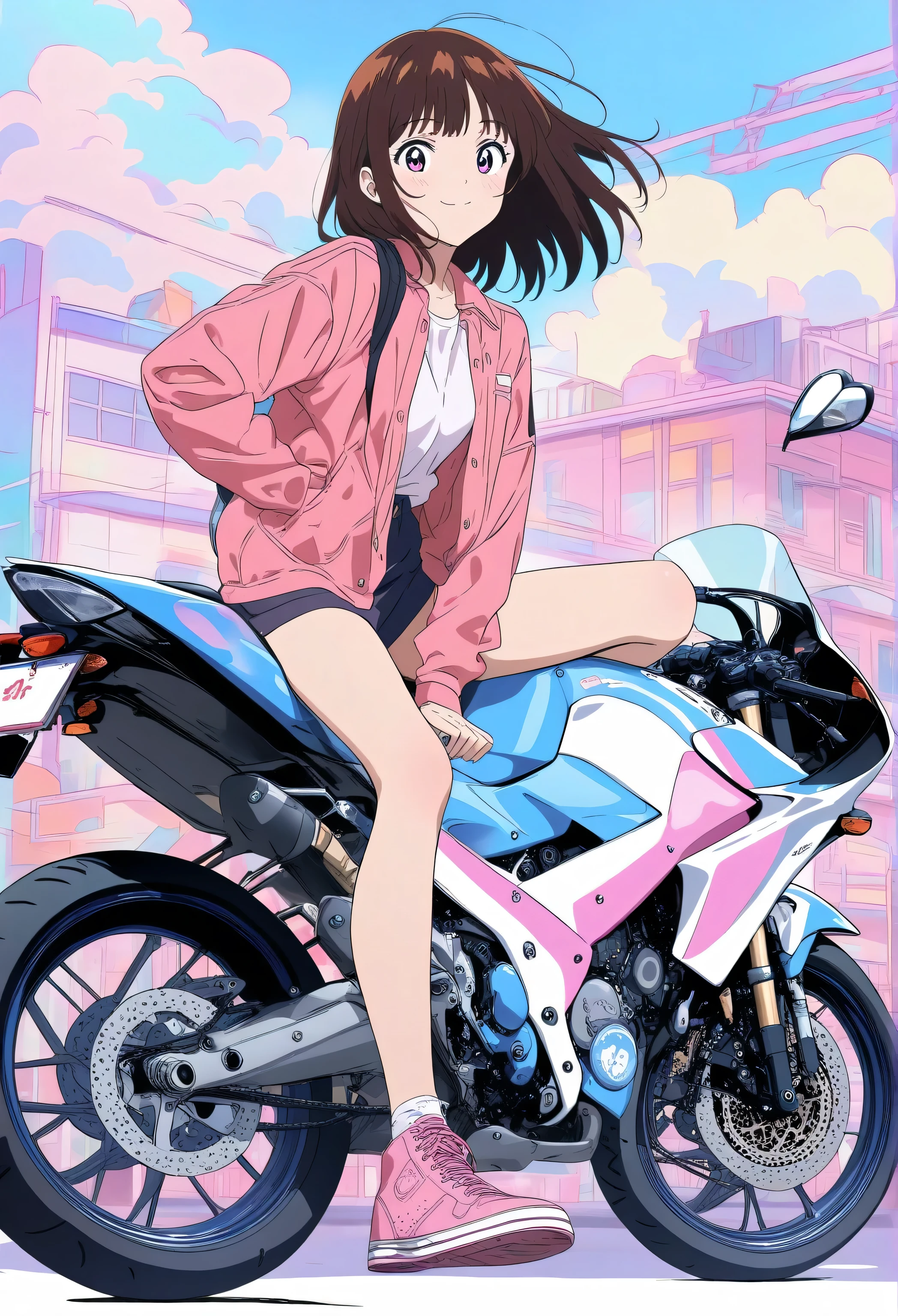 masterpiece, best quality, best artist, 4k wallpaper, 1980s \(style\),retro artstyle,toy box art,logo,riding ground vehicle, 1girl, tougou hifumi, skirt, happy, huge breasts, large ass, 