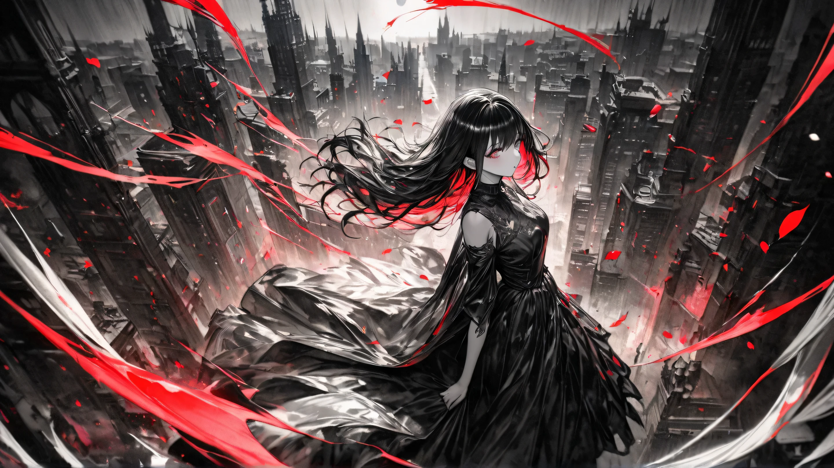 up-and-coming works of art, fusion of watercolor and oil painting, monochrome, no color, best quality, super fine, 16k, incredibly absurdres, extremely detailed, beautiful ephemeral girl stands in the city, wind, wind-effect, moonlit night view, (magnificent view:1.2), steammetal, (only the falling petals are red)