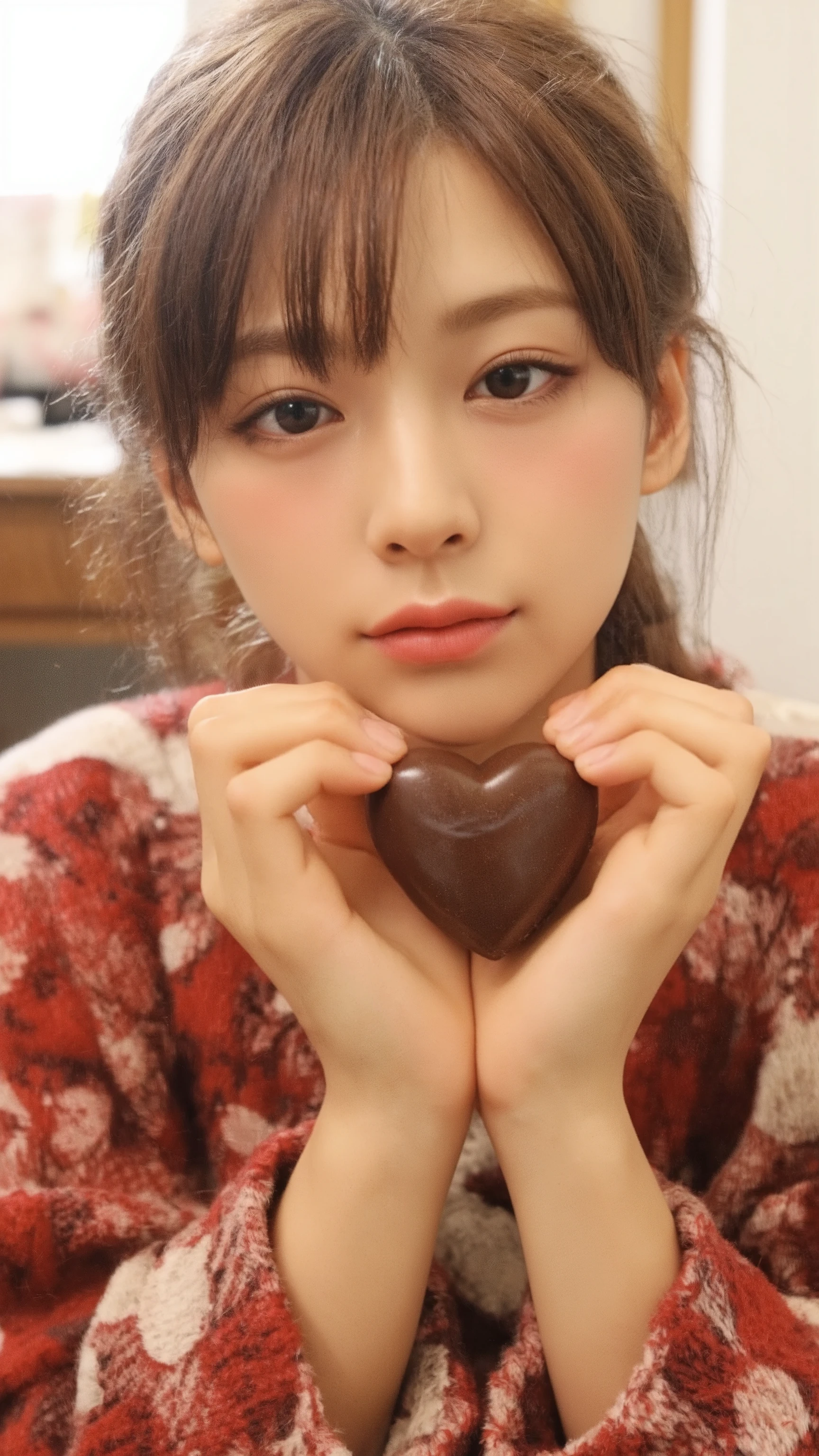 Woman trying to hand over heart-shaped chocolate on Valentine's Day、 fits my body in my Tokyo apartmentVWear a neck sweater、Japanese black girl wearing a denim miniskirt、 Woman with tanned brown skin and long silver hair in a ponytail and looking up at me while sitting on the sofa、 I can see cleavage、A room in an apartment full of sense of life、Photorealistic image with a composition showing the whole body from above、Accurate portrayal of people