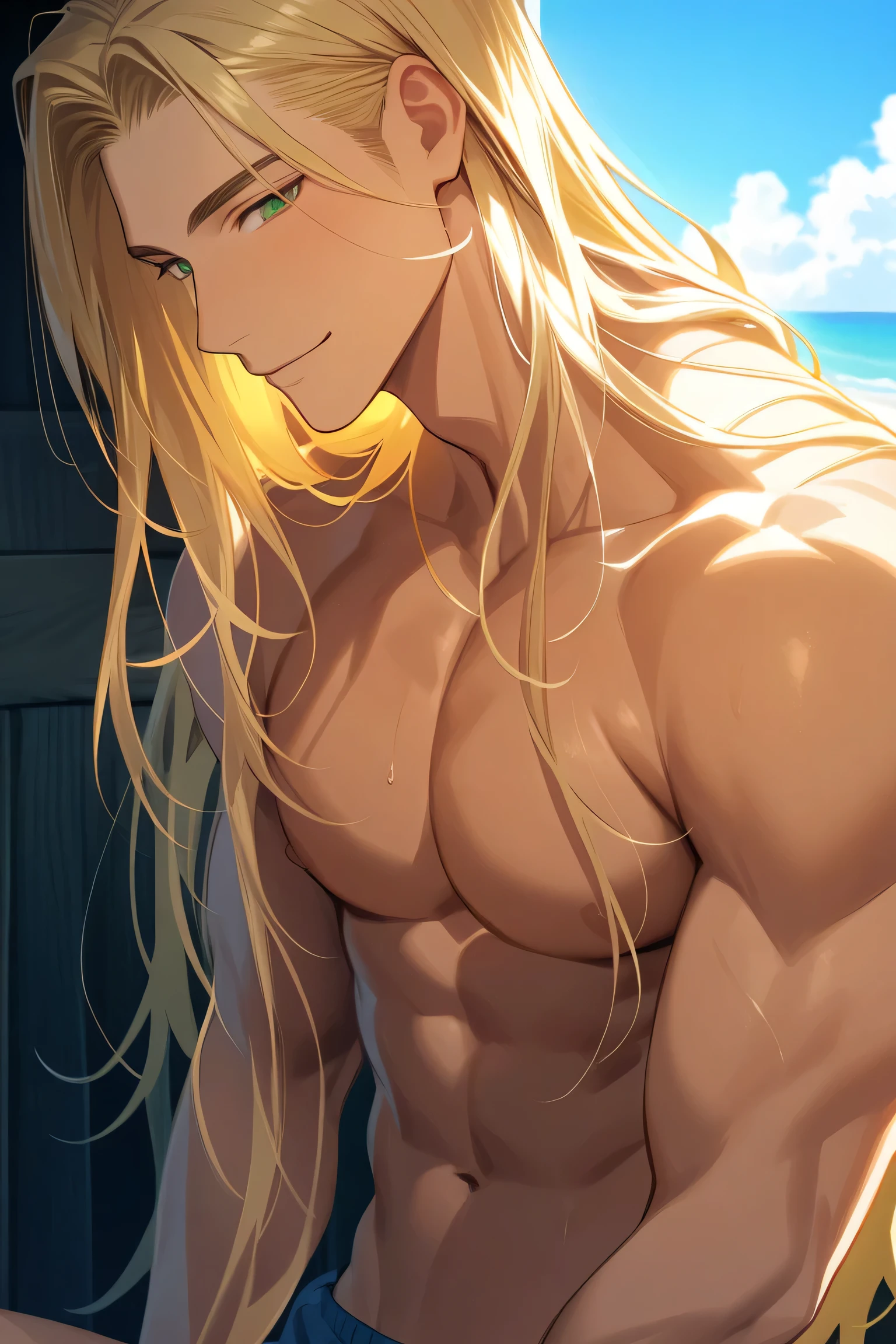 handsome really sexy man, broad shoulders, very tall, athletic build but not muscular, long honey blonde hair, green eyes, he smiles softly, sits on the porch of a beach house