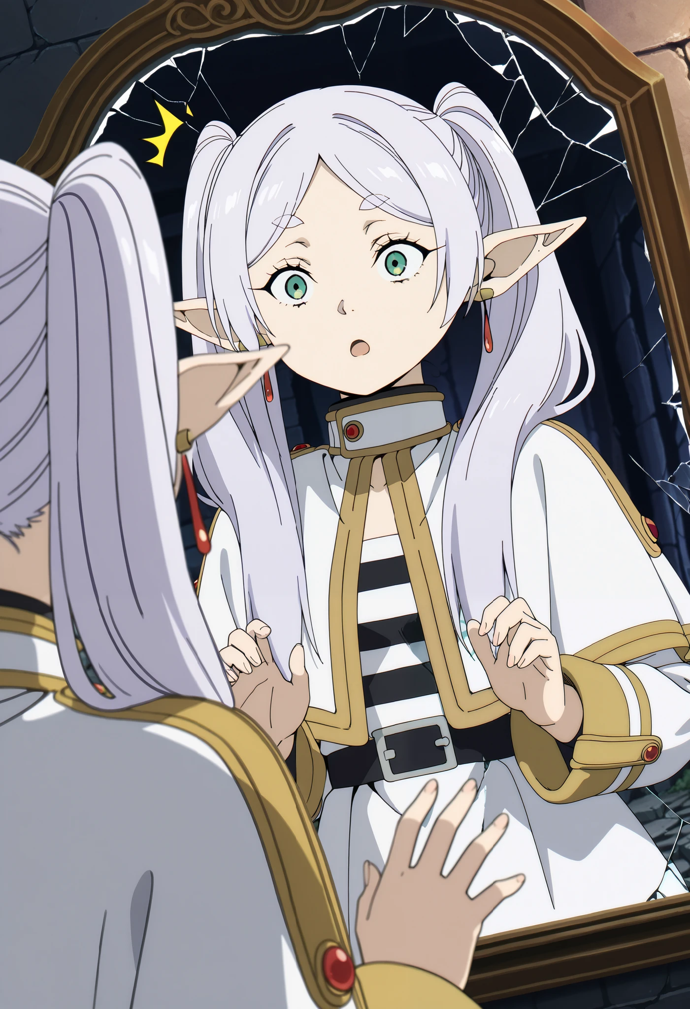 masterpiece, best quality, highres, newest, 1girl, solo, official style,frieren, long hair, twintails, green eyes, grey hair, pointy ears, elf, small breasts, anime screencap, shirt, long sleeves, jewelry, earrings, striped, capelet, striped shirt, dutch angle, eyes wide open, (((surprised))), ((!)), ((dark dungeon)), stone bricks, moss, ruins, (((seeing her reflection in a mirror))), (( her hands at either side of the mirror)), ((her shocked expression only visible in the mirror)), (((hindhead))), (((cracked mirror)))