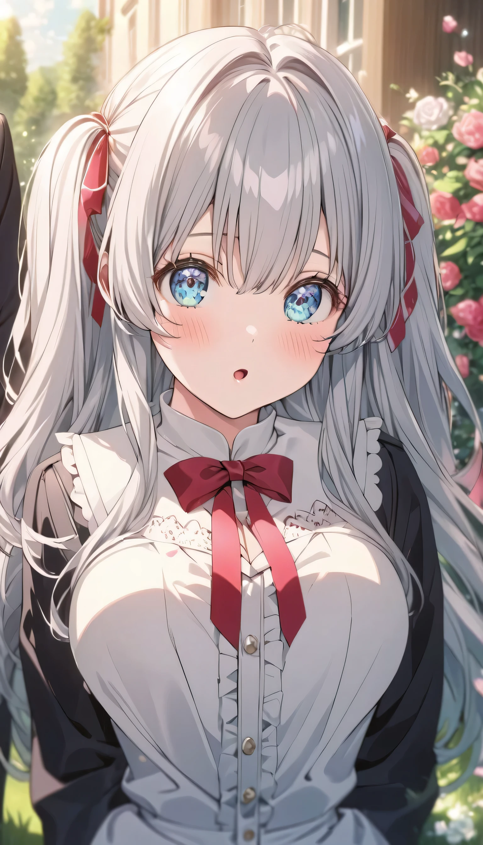 ((ultra-detailed)), (highly detailed CG illustration), (best quality:1.2), ultra-highly detailed, colorful composition, artistic photoshoot, 1girl, solo focus, ((upper body:1.4)), moe anime character,  girl, dainty facial structure, (bab(round face), ((rounded chin:1.2)), ((ideal ratio body proportions)), celia-default, celia claire, (blue eyes), sparkle eyes, silver hair color, two side up, ((hair ribbon with red), (deep royal blue and white strips hair ribbon), (open clotch), ample breasts, school uniform, black blazer, modern style with fitted jacket, red neck bow, long sleeves white shirt, black pleated skirt, and black high socks, ((look of anticipation)), ((shy:1.4)), ((blush:1.4)), ((bashful:1.4)), ((excited)), ((full-face blush:1.4)), ((open mouth:1.4)), ample breasts, ((eating white chocolate:1.4)), ((holding white chocolate in one hand:1.4)), ((melted into a mess white chocolate drips down the cleavage of breast:1.4)), petals glowing and fluttering, standing by the victorian garden with flowers, beautiful detailed sky, dynamic pose, looking at viewer, best quality, masterpiece, looking up, expecting, pink cheek, blush, light pink gloss slip, portrait, depth of field, soft lighting, sidelighting, (shine), lighting, caustics, ray tracing, perfect face, lustrous skin, highly detailed face, highly detailed eyes, perfect face, perfect nose, perfect hair, perfect eyes, perfect anatomy, beautiful hair, beautiful small face, extremely detailed face, beautiful detailed eyes, beautiful clavicle, beautiful body, beautiful huge breasts, leavage, breasts squeezed together, equalize the size of the left and right breasts, beautiful fingers, ((4 fingers)), 1 thumb, lovely, (very detailed background:1.0), (highly detailed background:1.0), spring aesthetic, intricate details, sexy atmosphere, spring colors palette, chromatic aberration