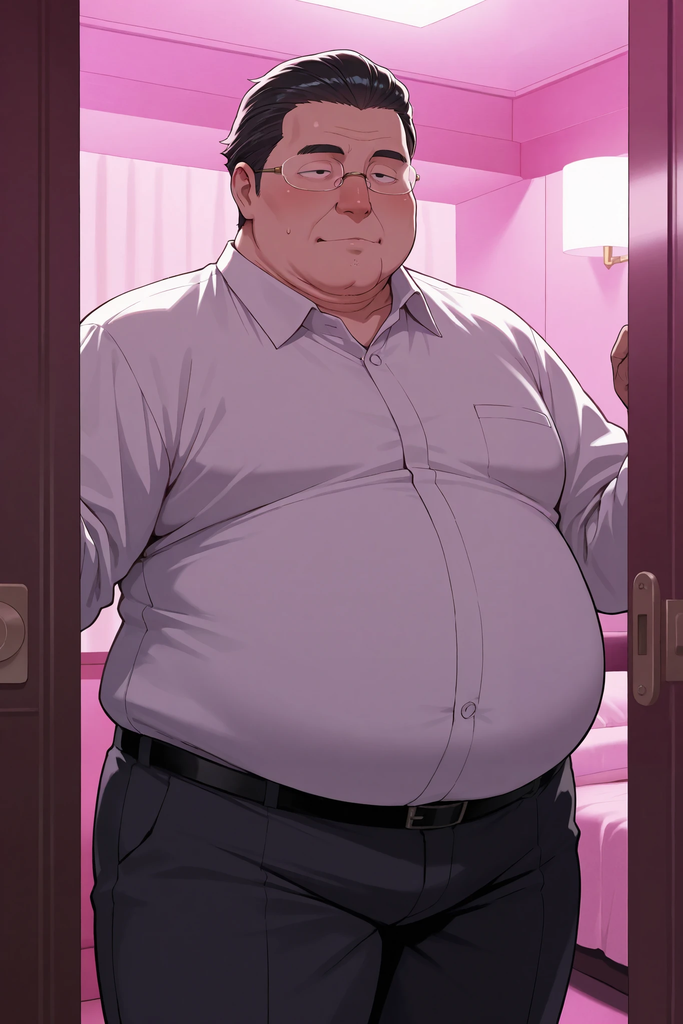 obese fat man,solo, cowboy shot ,rimless glasses,black slicked back hair,cleft chin,japanese ,narrow eyes, teacher,nose,love hotel room