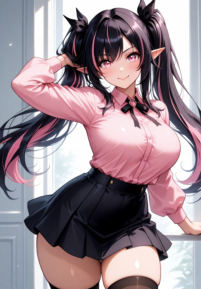 High resolution, Very detailed, perfect lighting, beautiful detailed eyes, ((masterpiece,Best Quality)), absurdities, alone, princess zelda, by the width, crown braid, Hair clip, pointy ears, Gloves without fingers, black gloves, smile, curves, nod, , deep neckline, deep neckline, black school uniform with white details,short skirt, visible underwear, pink thong, black uniform, black shirt with pink bow, touching her breasts in a sexy way, close up, Black hair, visible breasts, Close up, visible nipples, sitting, fringe hairstyle, fringe hairstyle, touching her breasts in a sexy way