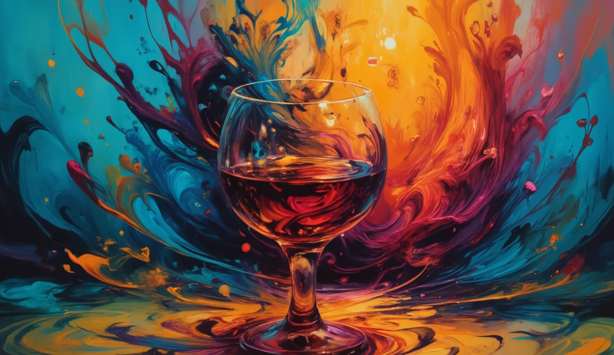 Digital artwork blending photography and painting techniques showing an artistic close-up of a wine goblet containing dark ruby liquid that impossibly forms the delicate features of a woman's face with closed eyes, her flowing tresses extending and undulating through the wine like underwater silk, placed against a textured canvas of chaotic paint splashes in teal and burnt sienna, overlaid with vibrant, directional brushstrokes that spiral outward from the glass, soft dramatic backlighting creates a glowing halo effect around the glass while leaving the mysterious face in gentle shadow, with additional elements of floating musical notes and scattered vine leaves around the glass base enhancing the dreamlike atmosphere.