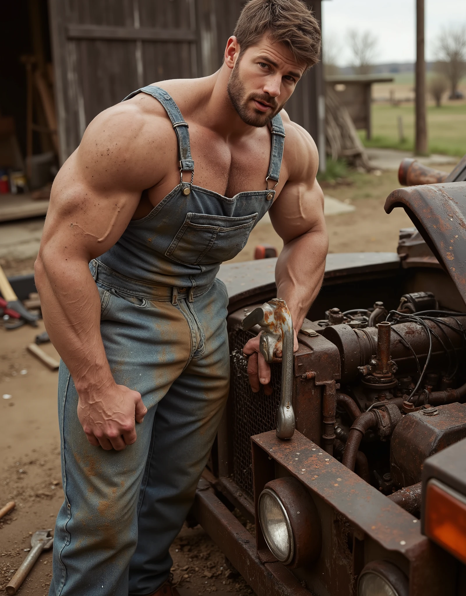 Masterpiece, Accurate, Award Winning, Best Quality, Extremely Detailed, 8K, HD, Super-Resolution, Realistic Textured Skin, F/11 Depth Of Field, Photorealistic, Full Coloured, Shot on 70mm, 5D. Create a gritty and realistic scene of a dirty mechanic, tall, handsome, muscular bodybuilder, 30 years old, stereotypical model features, (wide round nose, full lips, large expressive eyes, rounded jawline, fuller cheeks), bodybuilder physique, hero proportions, thick neck, wide shoulders, thick powerful hairy chest, thick waist, working under the hood of a beaten-up old truck in a rural countryside setting. He is dressed in ((worn-out, grease-stained denim overalls)), with the top half unbuttoned and hanging loosely around his waist, exposing his sweat-glistened torso. His ((muscular arms are smeared with oil and grime)) as he grips a wrench, leaning into the truck’s exposed engine with ((a focused and determined expression)). The ((truck is an old, rusted workhorse, its hood propped open, revealing a tangle of wires and engine parts)), hinting at years of rough use. The sun casts long, golden rays, highlighting the dust and dirt clinging to his skin. The background features a ((dirt road, a weathered wooden barn, and scattered tools lying around the workspace)), emphasising the rugged, hardworking environment. The air is thick with the scent of oil and metal, and faint smudges of grease streak across his face. His ((posture is strong and commanding, his fingers expertly manoeuvring the engine components)), embodying raw masculinity and hands-on labor in this rural, mechanical world. Sexy, sensual, seductive vibes. Gay fantasy, adult magazine vibes.