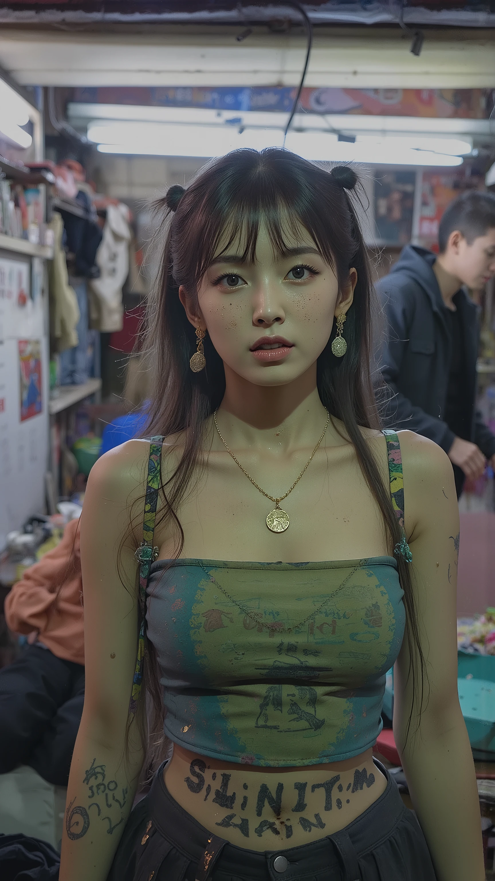 NSFW,
Film camera depiction,
Taken with a high-dispersion high-end lens,
Wide-angle lens,
Full-body shot,
at night,
A beautiful Korean girl is attracting customers at in the slums,
Her face has large burn scars,
((The burn scars have become ugly keloid scars)),
She was a member of a Korean idol group but retired due to her burns,
Before she ended up in this slum, she was used by bad people and had scars all over her body,
She has many tattoos,
One of them is a picture of poop,
Another has the words "Sluty Arin" carved into it,
In the slums, she became very dirty,
She has lots of bumps and pimples on her skin,
She wears tube top and short skirt that look like rags,
She smells like filth,
She is high on drugs,
She does not refuse any sexual acts,
She will even have sex with a dog,
hovels and two- or three-storey rundown apartments built close together,
very narrow alleys where it's difficult for people to pass each other,
used condom,
she is second hands,