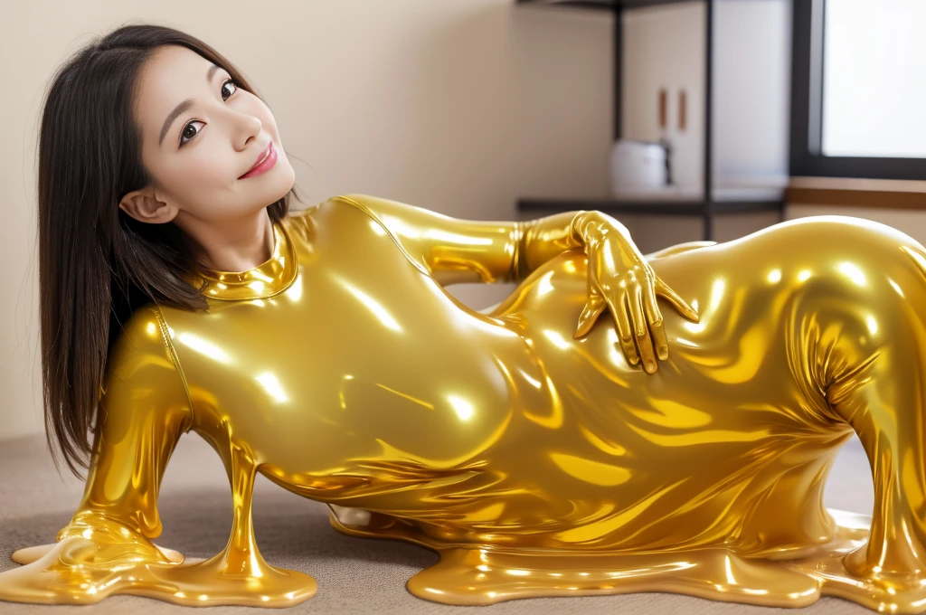 (High resolution,Tabletop:1.2),Super detailed,(Realistic:1.37),Portraiture,Full Body Shot、Buckshot、Slime Girl、Covered in golden slime, (Partially transparent), (Wet), Golden liquid dripping from her body. Her hair is also Covered in golden slime. Golden slime scattered, Golden Hair, blue eyes、Super cute face