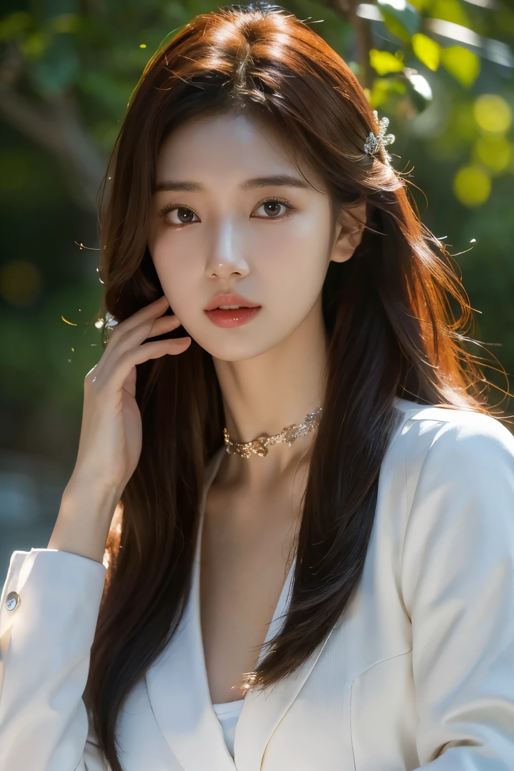 (((best quality))), (((ultra detailed))), (((masterpiece))), illustration, female astrologer, mysterious summer night, stunning, enchanting castle, soft moonlight, ethereal glow, intricate details, ancient carvings, stone façade, flowing gown, chestnut hair, emerald green eyes, delicate makeup, mischievous glint, celestial realm, constellations, balance, deep blue, fiery red, silver pentacle necklace, spiritual world, serene smile, awe, wonder, mystique, magic, ancient energy, blooming roses, ancient oak trees, tranquility, sanctuary, courtyard, blooming roses, ancient oak trees, celestial wonders, life's greatest mysteries, unravel secrets, guide, wisdom, solace, inspiration, eternal companion, shining stars, journey through unknown