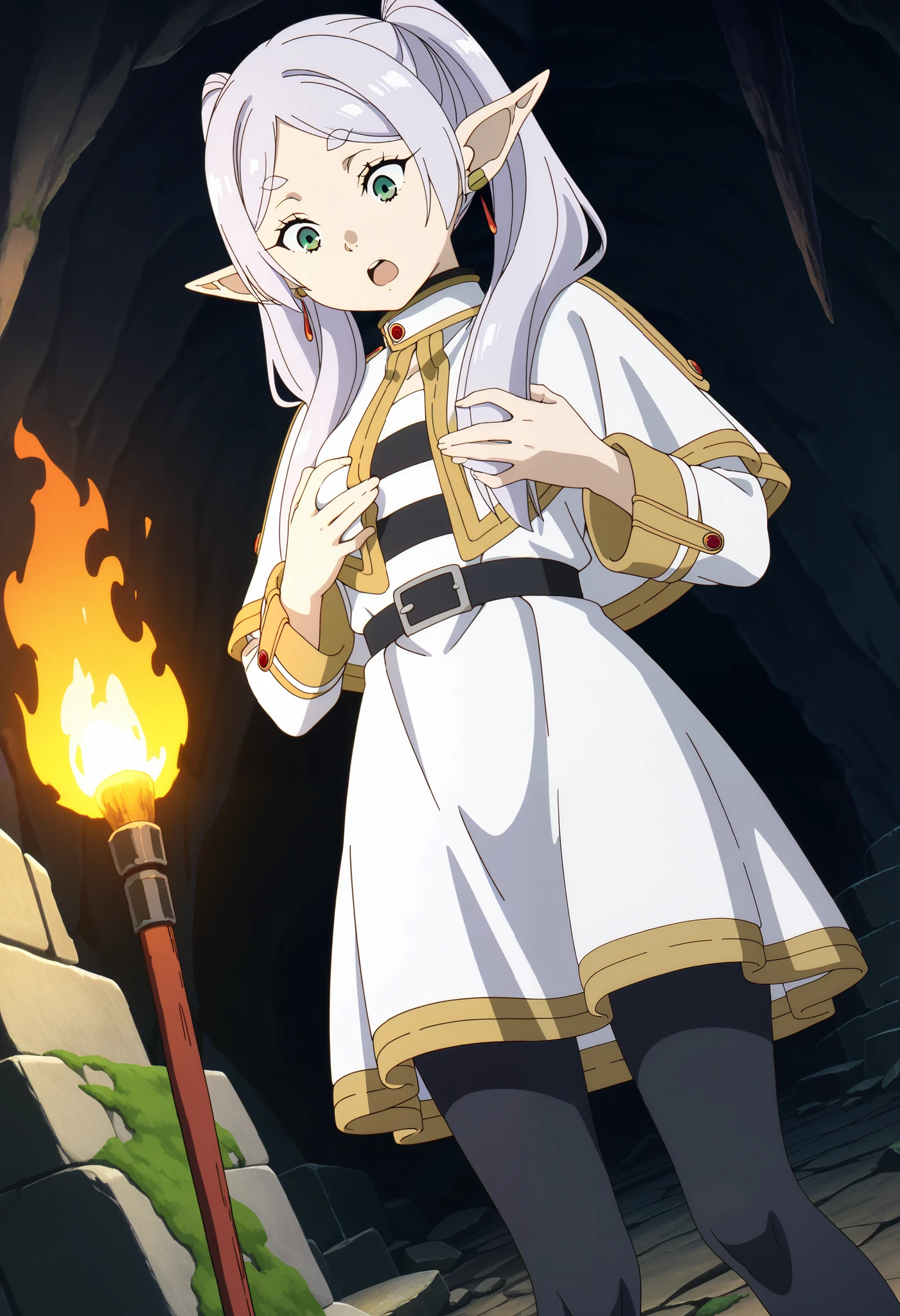 style,frieren, long hair, twintails, green eyes, grey hair, pointy ears, elf, small breasts, anime screencap, shirt, long sleeves, jewelry, pantyhose, earrings, striped, black pantyhose, capelet, striped shirt, skirt, white skirt, dutch angle, standing, thighs, ((grabbing her own breasts)), (!), ((dark dungeon)), torch, cave, stone bricks, moss, ruins, (((looking down))), (((surprised))), (yelling)