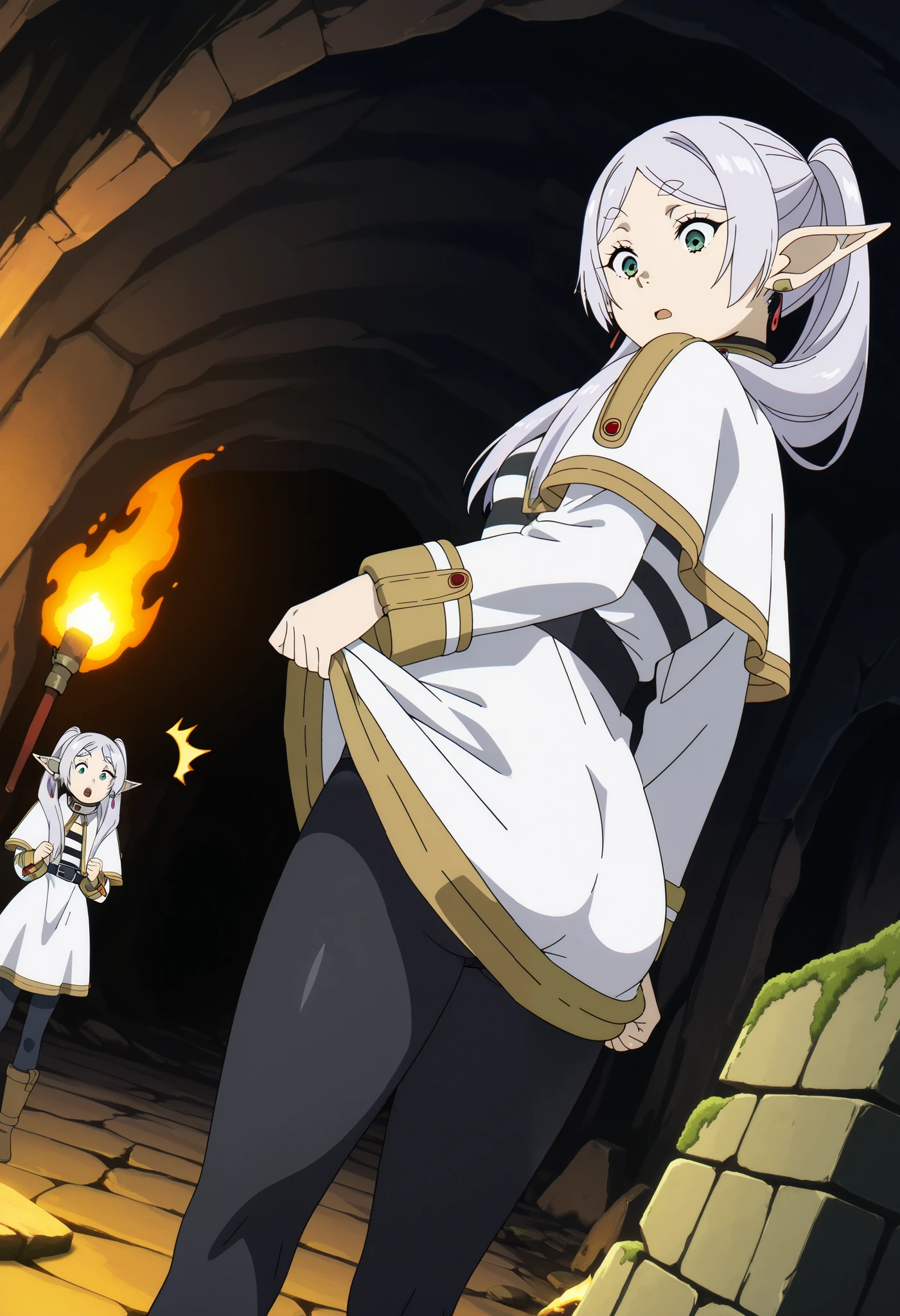 style,frieren, long hair, twintails, green eyes, grey hair, pointy ears, elf, small breasts, anime screencap, shirt, long sleeves, jewelry, pantyhose, earrings, striped, black pantyhose, capelet, striped shirt, skirt, white skirt, dutch angle, standing, thighs, (!), ((dark dungeon)), torch, cave, stone bricks, moss, ruins, (((looking down))), (((surprised))), bend over, ((lifting skirt)), ass, black panties, looking back