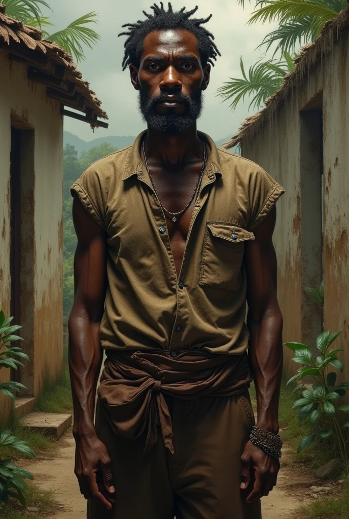 An old black man, around 70 years old, standing leaning on a wooden staff wearing white pants stained with mud and a torn blouse. On the ground, red clay is beaten with a glass of water and a lit white candle