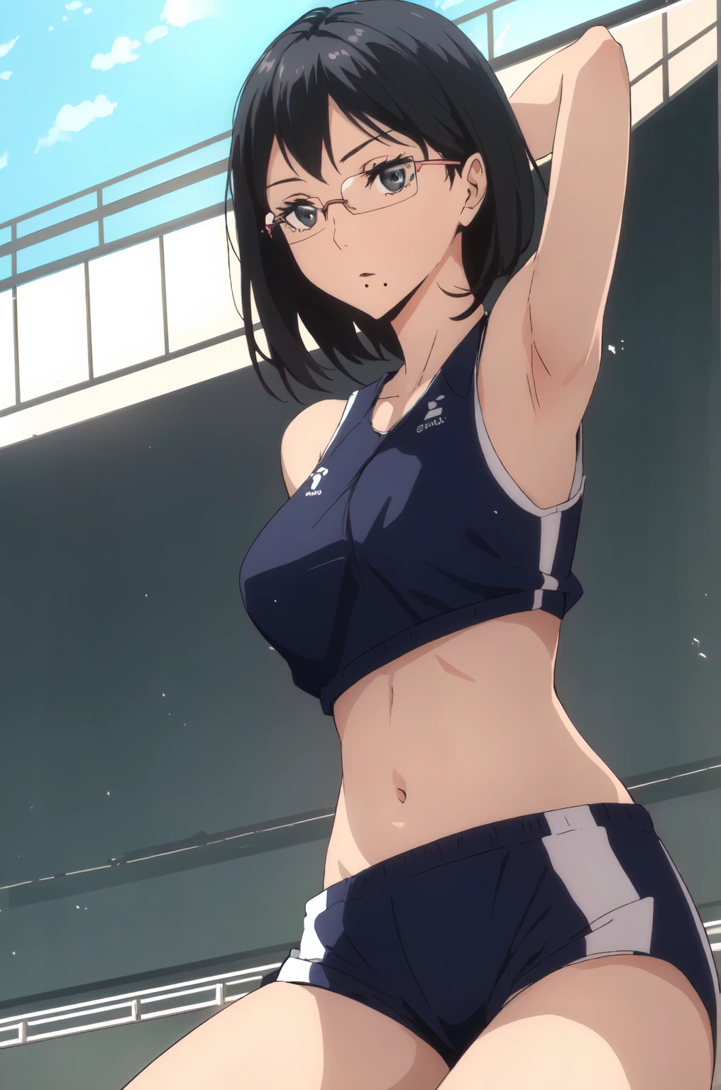 nmasterpiece, Best qualities, ((with a pure white background)), to stand, (Dark blue hair) , cool face, cheerfulness, Light effect, downy, ultra-clear, high definition pictures, (facefront), Purple eye, Blunt Bangs, hinata/(boruto/), long haired, mediuml breasts,sports bra,mini-skirt,(nice leg line:1.3)