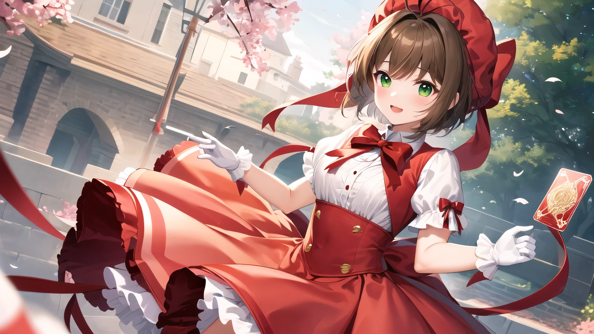 masterpiece, top quality, Hi-Res, kinomoto sakura, 1 girl, brown hair, short hair, antenna hair, red headwear, GREEN EYES, frills, red dress, puff sleeve, white gloves, red ribbon, White thigh , Wings, is standing, holding card