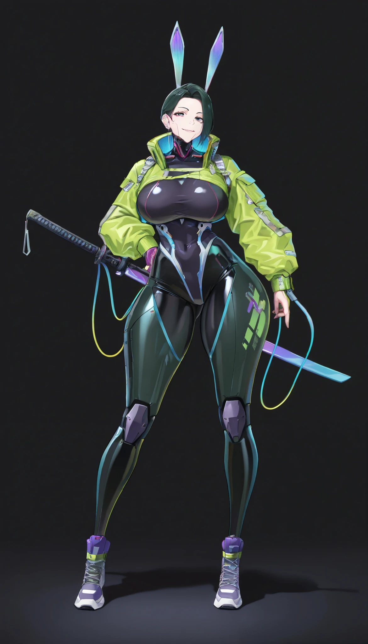 (big breasts, visible curves, Full body, Smiling, Perfect face ), best quality, amazing quality, very aesthetic, Thick body, milf, mature, thick thighs , cyberpunk, street style, techwear, E-girl, bunny, synthetic body, stylized, katana, purple and green color palette, neon, stylized outfit, white background