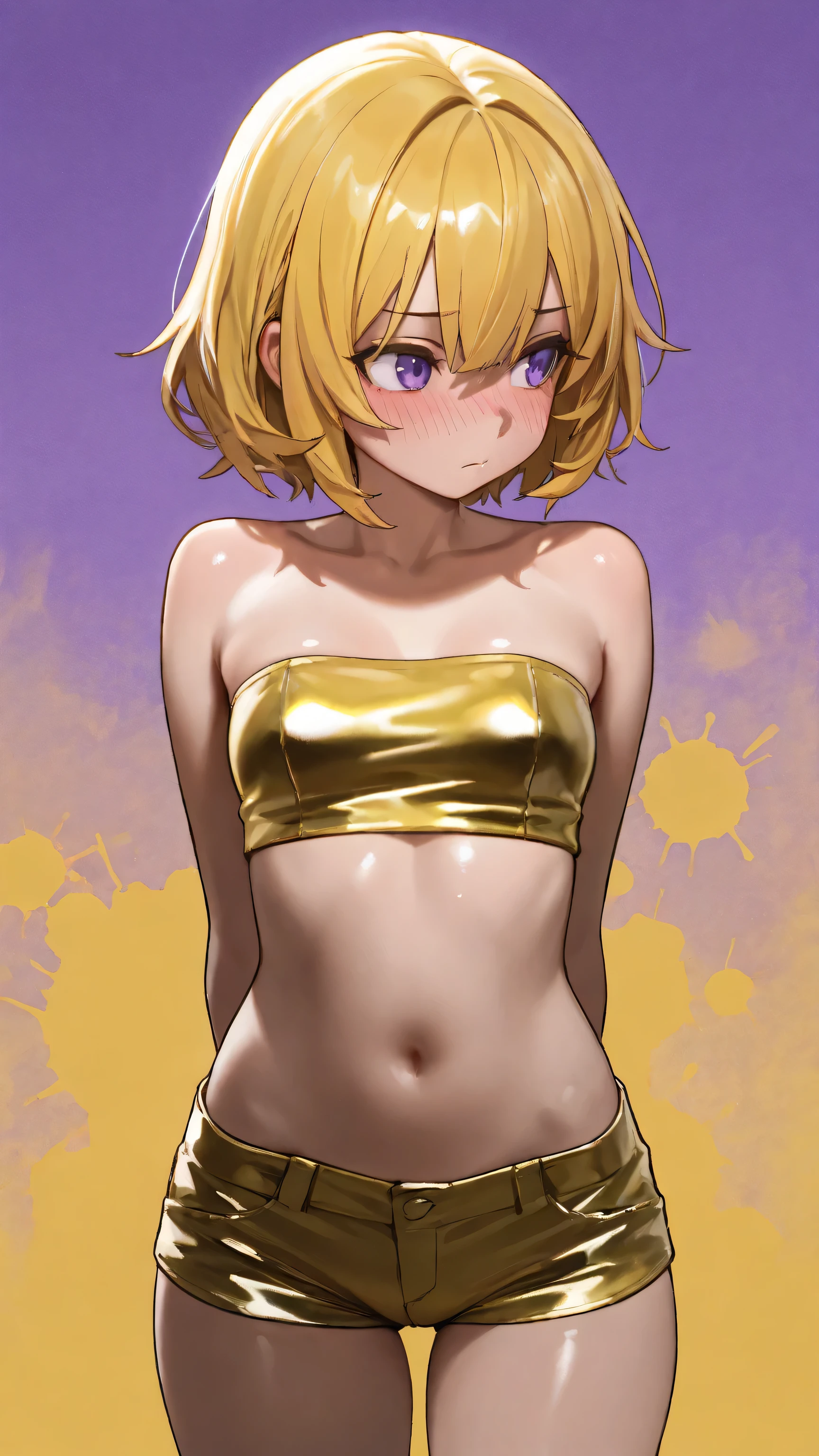 Wildlife, ((Best resolution)), ((high quality:1.2)), Work of art, 8k, extremely detailed, ((High detail:1.2)), Solo, asian girl, (yellow mini-shorts, crop strapless), (beautiful perfect face:1.23), Kizi，(eyes looking off to side), Highly detailed, Amazing work，Vitreous luster, blues, yellows, Best quality at best，shiny skin, no background, colorful background, purple background, yellow background, background, metallic purple, sexy pose, dynamic pose, heavy blushing, small breasts, yellow hair, purple eyes, 