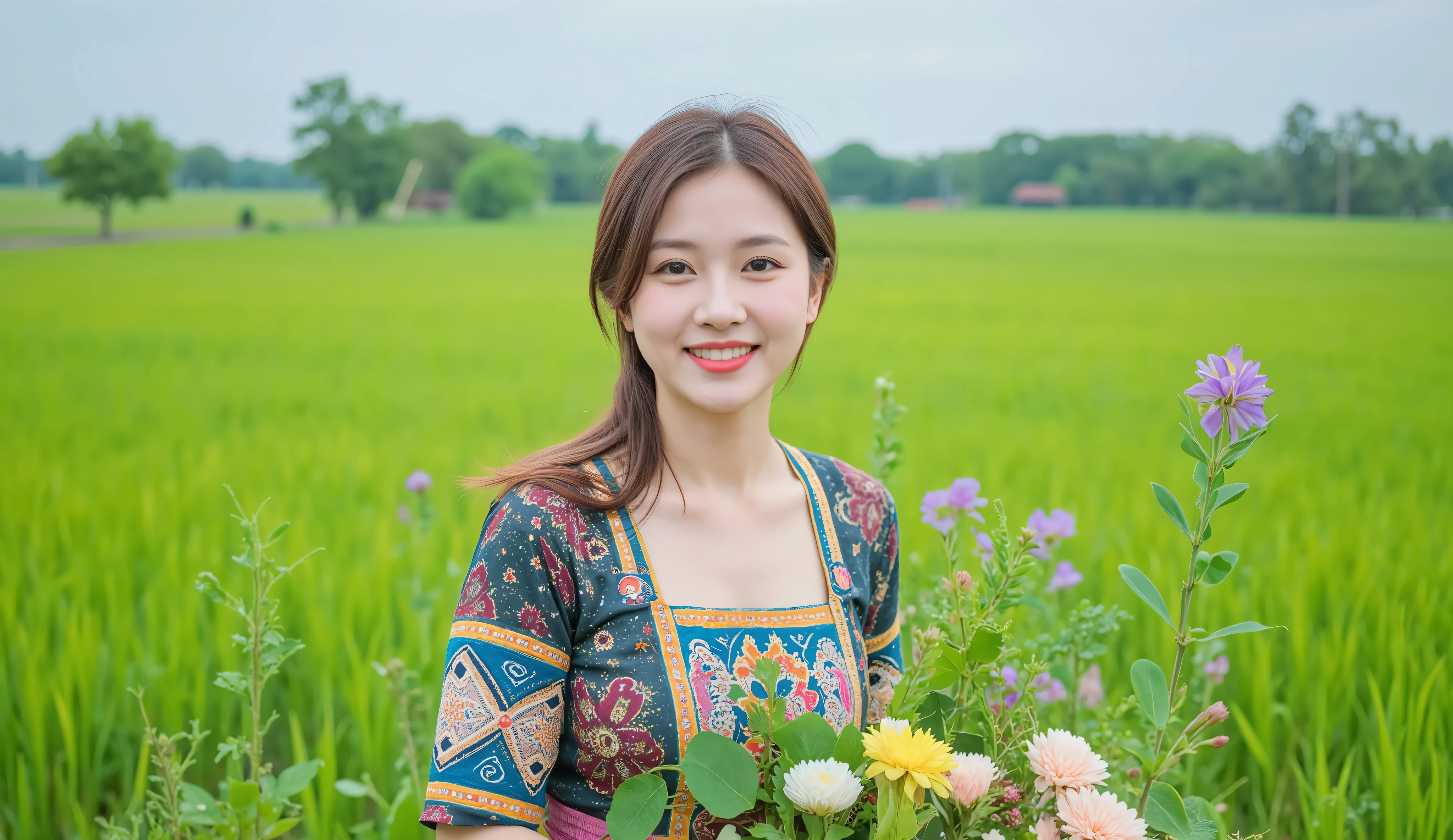 "Sweet smiling woman in traditional Isan style dress amidst bright green fields. The picture looks fresh and has a Thai Isan folk atmosphere."