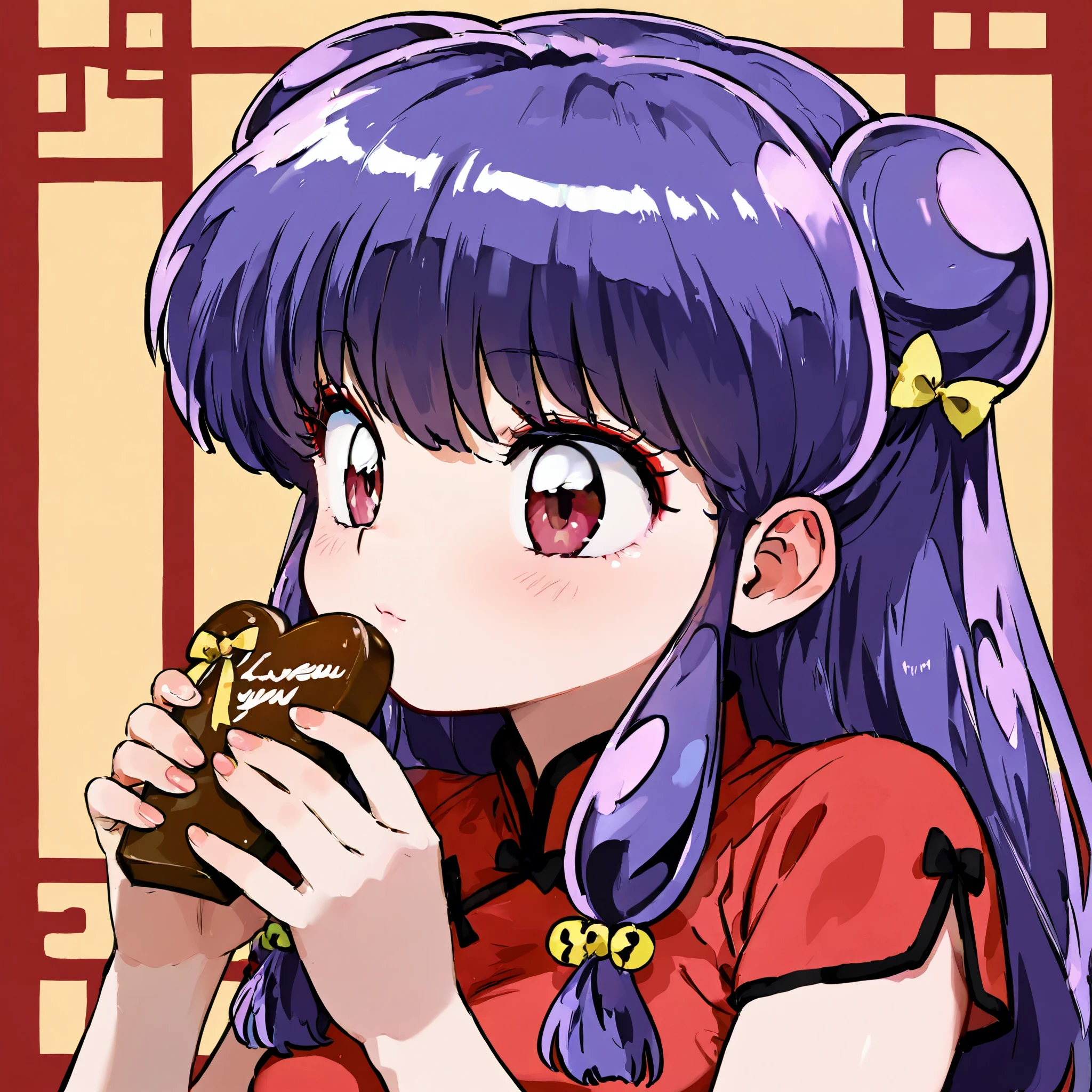 masterpiece, top quality , perfect face, Highest Resolution, 8k, 1 girl, shampoo (Ranma 1/2), young, red eyes, long hair, purple hair, Detailed depiction of bun knot hair , red eyeshadow, china dress, I love you, A face in love, will present chocolate
