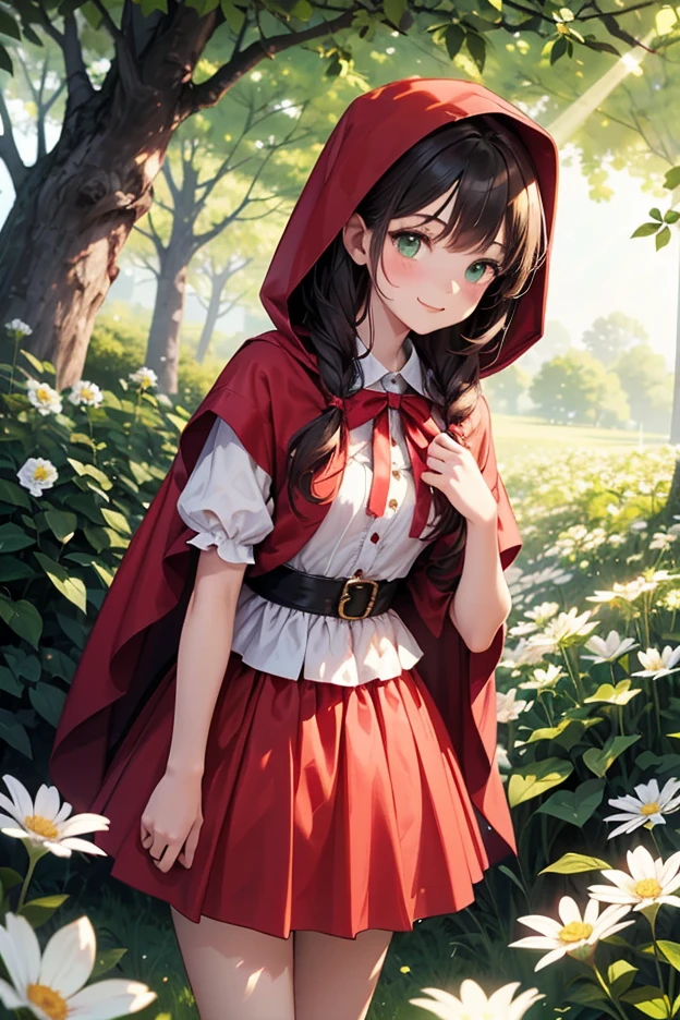 1girl, Little Red Riding Hood, wearing a classic red hood and cape, with a white blouse and a simple red skirt. She has long wavy brown hair and bright green eyes. She is smiling warmly and looking to her right. Her expression is cheerful and inviting,
standing in a vibrant flower field filled with colorful blossoms (red, yellow, pink, and white flowers). The scene is set under a clear blue sky with soft clouds. The perspective is slightly low-angle to emphasize the beauty of the flowers and the character. Composition is beautifully balanced with Little Red Riding Hood as the focal point,
soft natural lighting with warm tones; gentle sunlight casting soft shadows; subtle glow around the character to enhance her presence; volumetric light rays filtering through the scene for added depth,
storybook illustration style, whimsical and vibrant atmosphere, fairy-tale aesthetic,