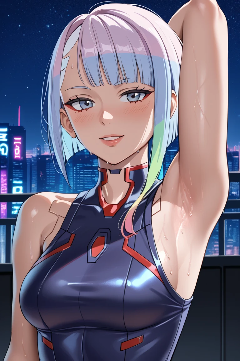 8k, ultra_quality, cyberpunk edgerunner, lucy, sexy, sleeveless, best_quality, masterpiece, detailed_outfit, girl, woman, beautiful, short hair, silver hair, anime, upper_body, looking_at_viewer, arm_up, one_arm_up, arm_behind_head, armpit, detailed_armpit, perfect_body, background_indoor, cyberpunk background, sweats, sweaty, hot, sweat drop, sweat on breasts , very sweaty,  head towards viewer, seductive smile, sweaty sweat, score_9, 1girl, solo, short hair, sleeveless, latex, cyberpunk,  night, starry sky, looking at viewer , blowjob, (oral sex:1.4), Fellatio, nsfw