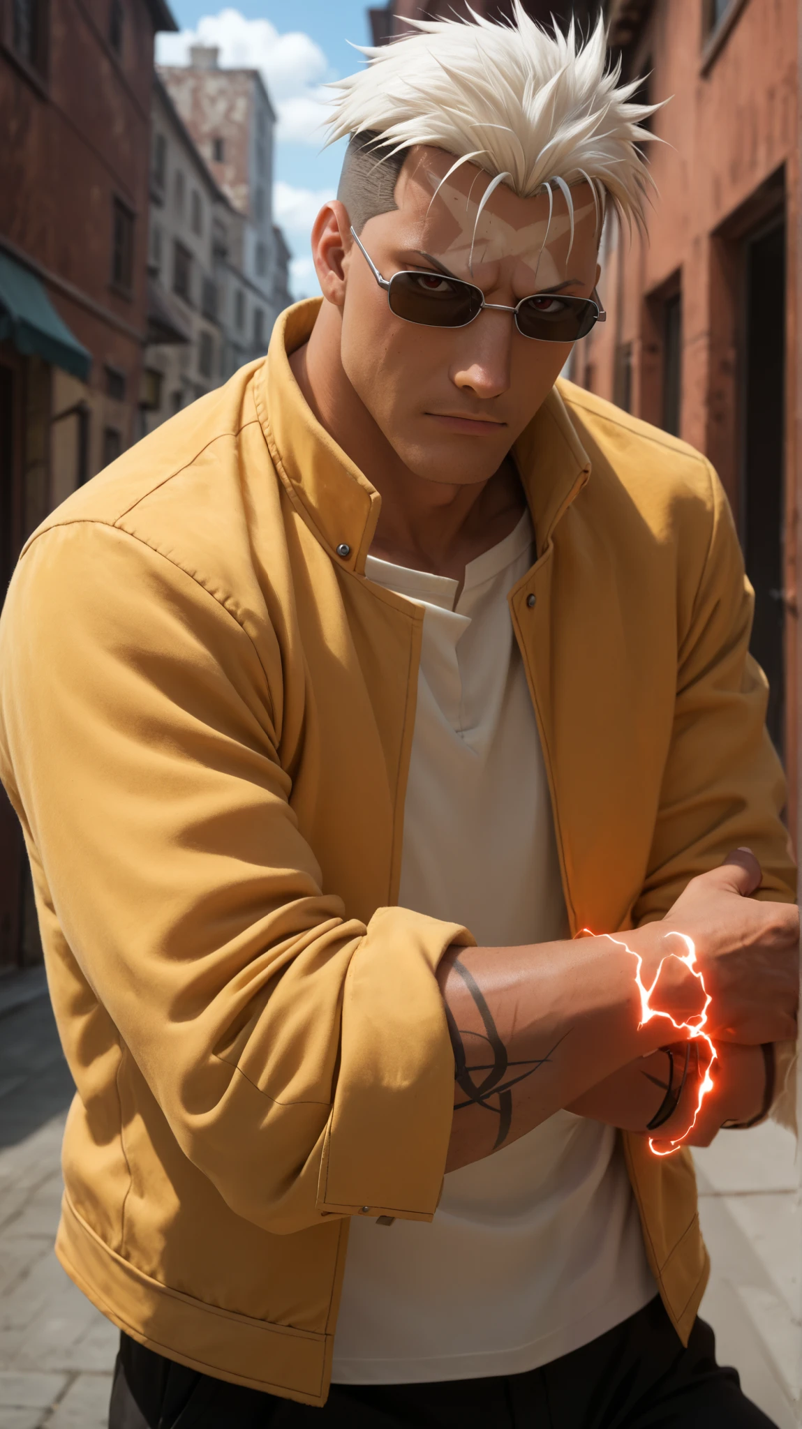 score_9, score_8_up, score_7_up, score_6_up, perfect anatomy, perfect proportions, best quality, masterpiece, high_resolution, high quality, aesthetic, absurdres, (male focus), solo male, source_anime \(Fullmetal Alchemist), anime coloring \(Fullmetal Alchemist\), Scar \(Fullmetal Alchemist\), Berscar, white hair, short hair, undercut, scar on face, large X-shaped scar stretches across forehead, thin eyebrows, red eyes, Berscaroutfit02, scarâs jacket \(Fullmetal Alchemist\), white collarless shirt, white button shirt, yellow jacket, yellow/white jacket, two-tone jacket, open jacket, cropped jacket, black pants, sunglasses, adult, mature, masculine, manly, handsome, charming, alluring, standing, portrait, headshot, close-up, from front, dutch angle, dark atmosphere, look at viewer, (one arm rised over face, show arm), sleeves rolled up, BREAK Grand Arcanum tattoo\(Fullmetal Alchemist\), tattoo on right arm, glow tattoo, red lightning, red glow, background is a city