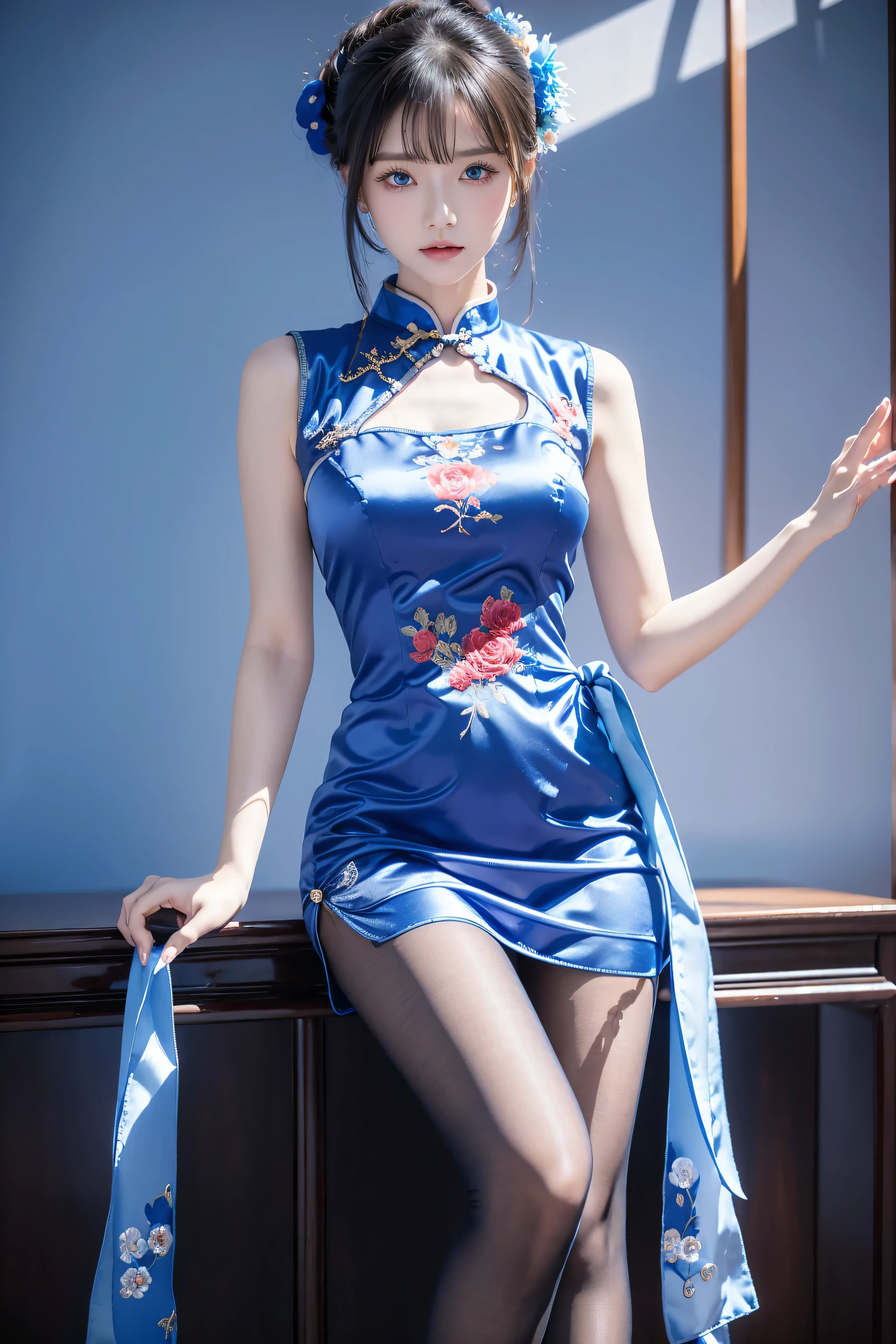 A flight attendant,Blue and white porcelain cheongsam,Thick gray pantyhose,Cement gray stockings,Grey Stockings,Gray hip socks,Cocked buttocks,huge tit,Super detail,hyper HD,A high resolution,1080p,Anatomically correct,ccurate,Physical coordination,Photo portrait,slender thiest quality, Masterpiece, 超A high resolution, RAW photo, Beautiful and aesthetic,deepshadow, (Photorealistic:1.4), full-body composition, Striking perspective