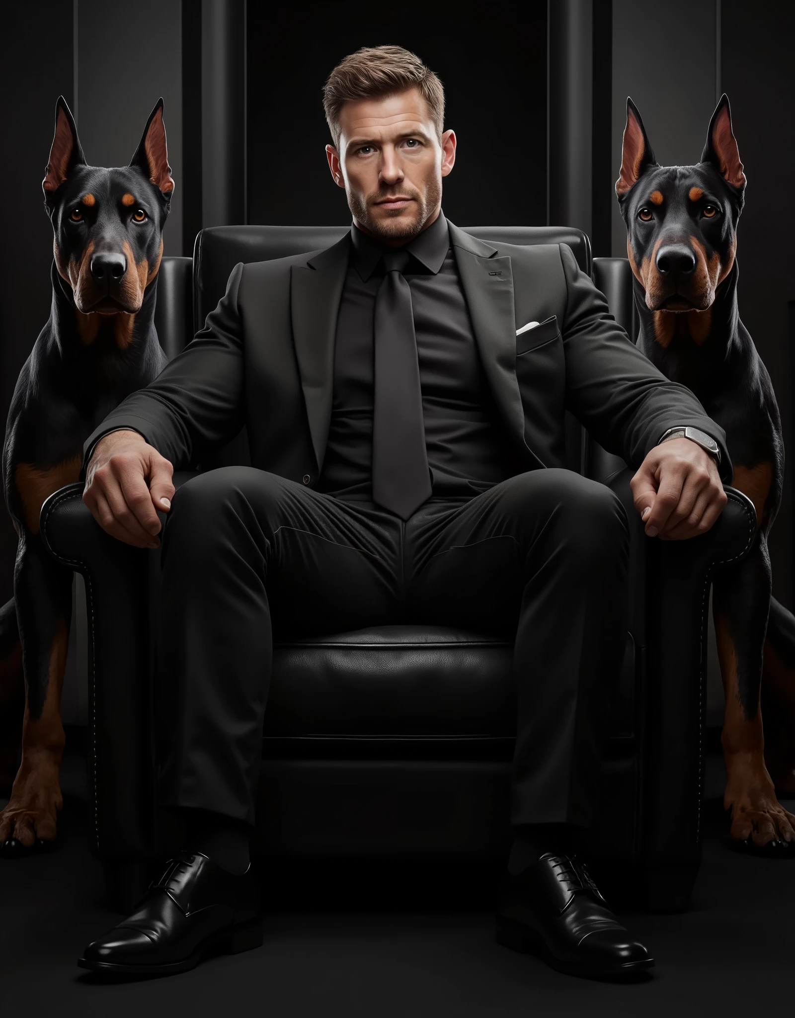 Masterpiece, Accurate, Award Winning, Best Quality, Extremely Detailed, 8K, HD, Super-Resolution, Realistic Textured Skin, F/11 Depth Of Field, Photorealistic, Full Coloured, Shot on 70mm, 5D. Create a powerful and intimidating image of a ruthless hitman or mob leader, tall, handsome, muscular bodybuilder, 50 years old, stereotypical model features, (wide round nose, full lips, large expressive eyes, rounded jawline, fuller cheeks), bodybuilder physique, hero proportions, thick neck, wide shoulders, thick powerful hairy chest, thick waist, seated in a sleek, modern black leather armchair, exuding an aura of absolute dominance and control. He is dressed in a ((sharp, all-black ensemble)), consisting of a ((tailored black suit, black dress shirt, and polished black leather shoes)), perfectly fitted to his imposing frame. His ((piercing gaze and expression of cold calculation)) send a clear message—he is not a man to be crossed. Flanking him are ((two massive black Dobermans, their muscular frames poised and their eyes alert)), standing at attention like loyal sentinels, radiating both elegance and menace. Their sleek coats gleam under the moody, low lighting, casting long shadows that add to the atmosphere of danger and power. The background is ((minimalist and modern, with dark tones and subtle lighting accents, hinting at luxury and control)), reinforcing the aura of a man who operates in the shadows yet commands respect. His ((hands rest effortlessly on the armrests, fingers subtly tapping, as if contemplating his next move)), his posture relaxed yet commanding. The entire composition embodies lethal sophistication, dominance, and the quiet intensity of a true underworld figure.