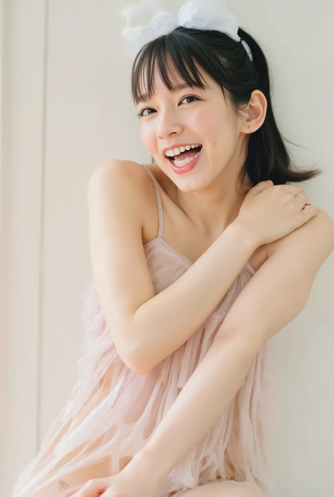 She is in a pose wearing a sexy camisole, making a firm big heart shape with both hands, and holding it in front of her chest, Close-up of a smiling face