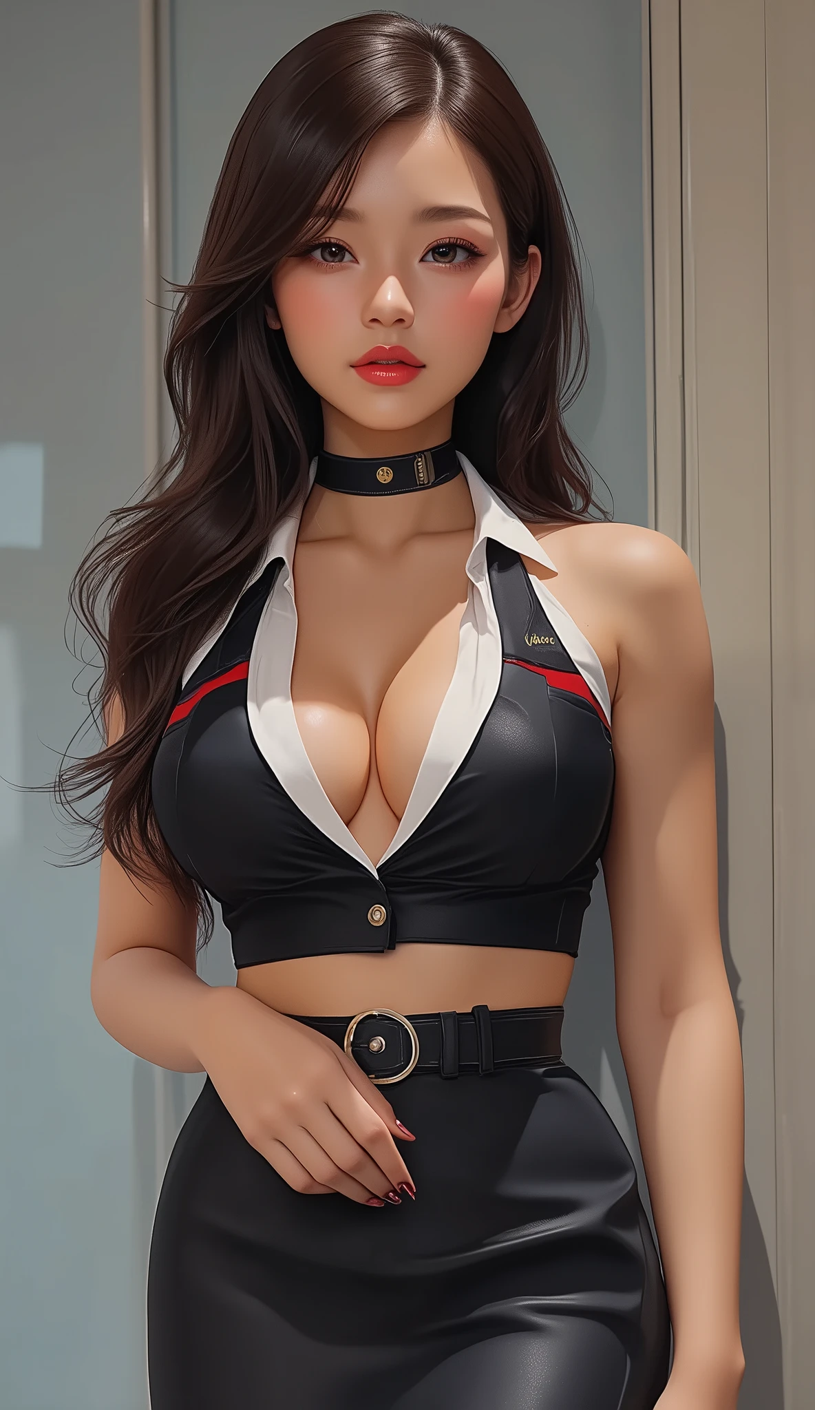 Best quality, masterpiece, ultra high res, (photorealistic:1.4), raw photo, (perfect body shape), (slim:1.2), dynamic pose, 1girl, (full figure:0.9), solo, big breasts, sagging breasts, cheerleader uniform, plaid mini skirt, in the dark, night, on the street, deep shadow, low key, cold light 12000K