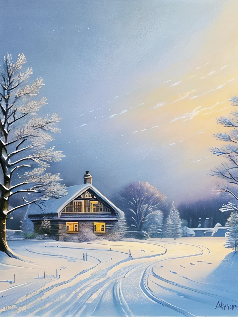 A painting of a snowy landscape with trees and a house, winter painting ...