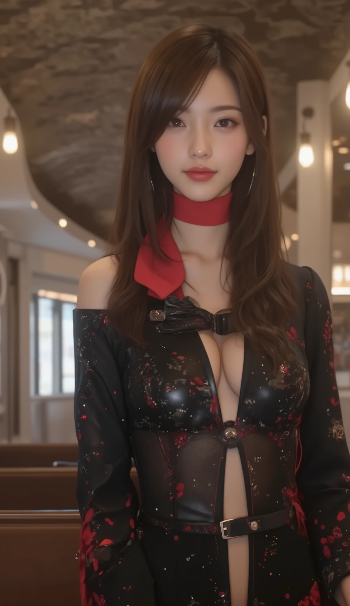 Realistic anime girl, young girl, short hairs, wearing (((red jacket, black skirt))),(((white hairs))), ((small breasts)), full body, standing, greeting viewer,red moon in window background, smiling
