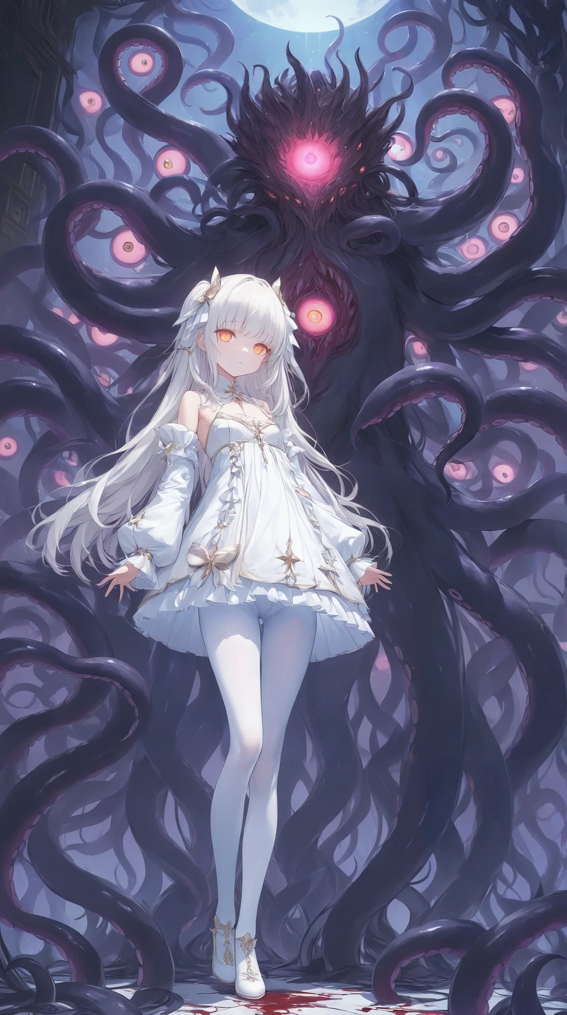 ultra-high resolution ,wallpaper, art book style , full-body photo ,Star, Butterfly,change, white hair ,Straight hair with full bangs, orange eyes,Pink Eyeshadow, Glowing Eyes, small boobs, white pantyhose,A li who is one meter four tall,black palace dress,Fashion changes ,stocking, is expressionless ,gaze, stands,Head tilt, long hair,(A flesh-and-blood monster with many eyes and tentacles), height detail, cinematic lighting, surreal atmosphere , bright color , 8k resolution,Show the sole of the foot,Open hands